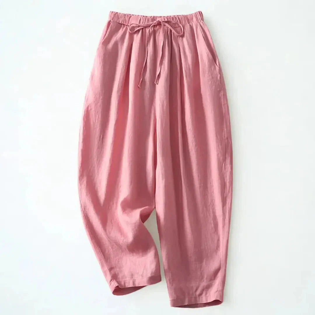 Trousers Women Linen Wide Leg Ankle Length Drawstring Waist