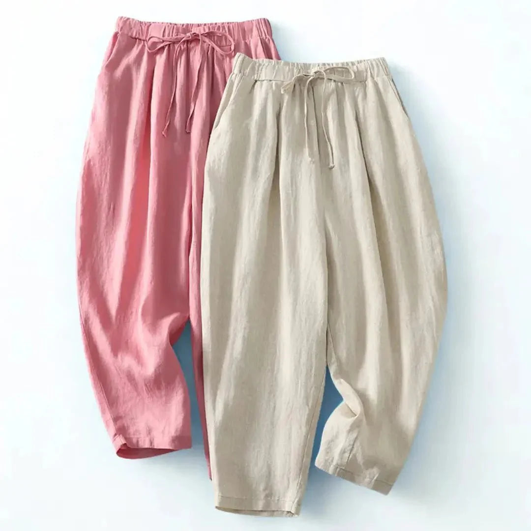 Trousers Women Linen Wide Leg Ankle Length Drawstring Waist