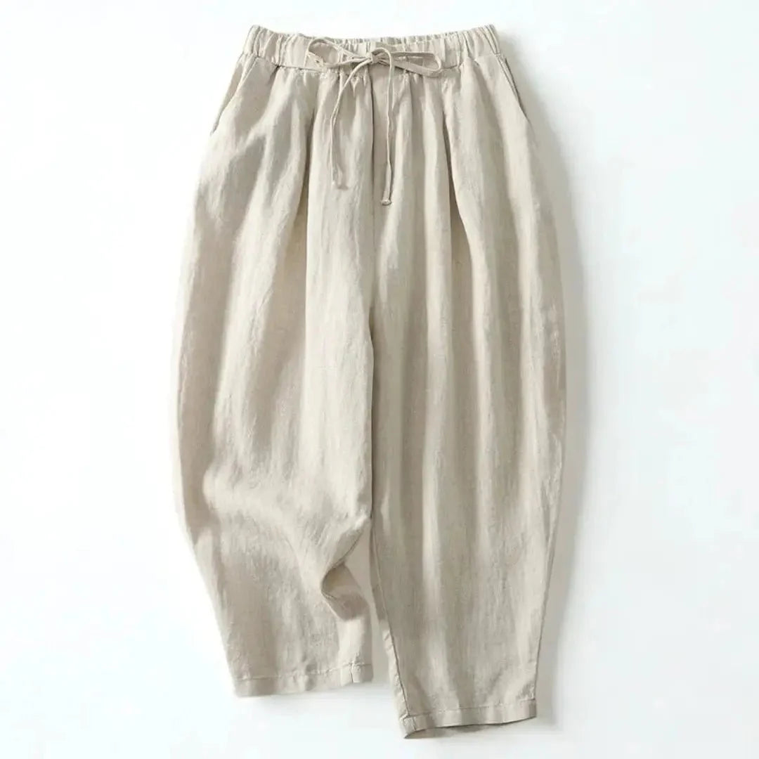 Trousers Women Linen Wide Leg Ankle Length Drawstring Waist