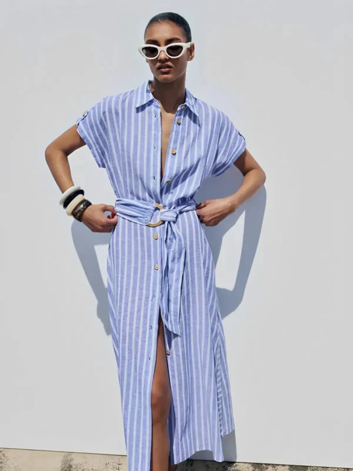 Women Maxi Dress Linen Striped Short Sleeve Button Closure