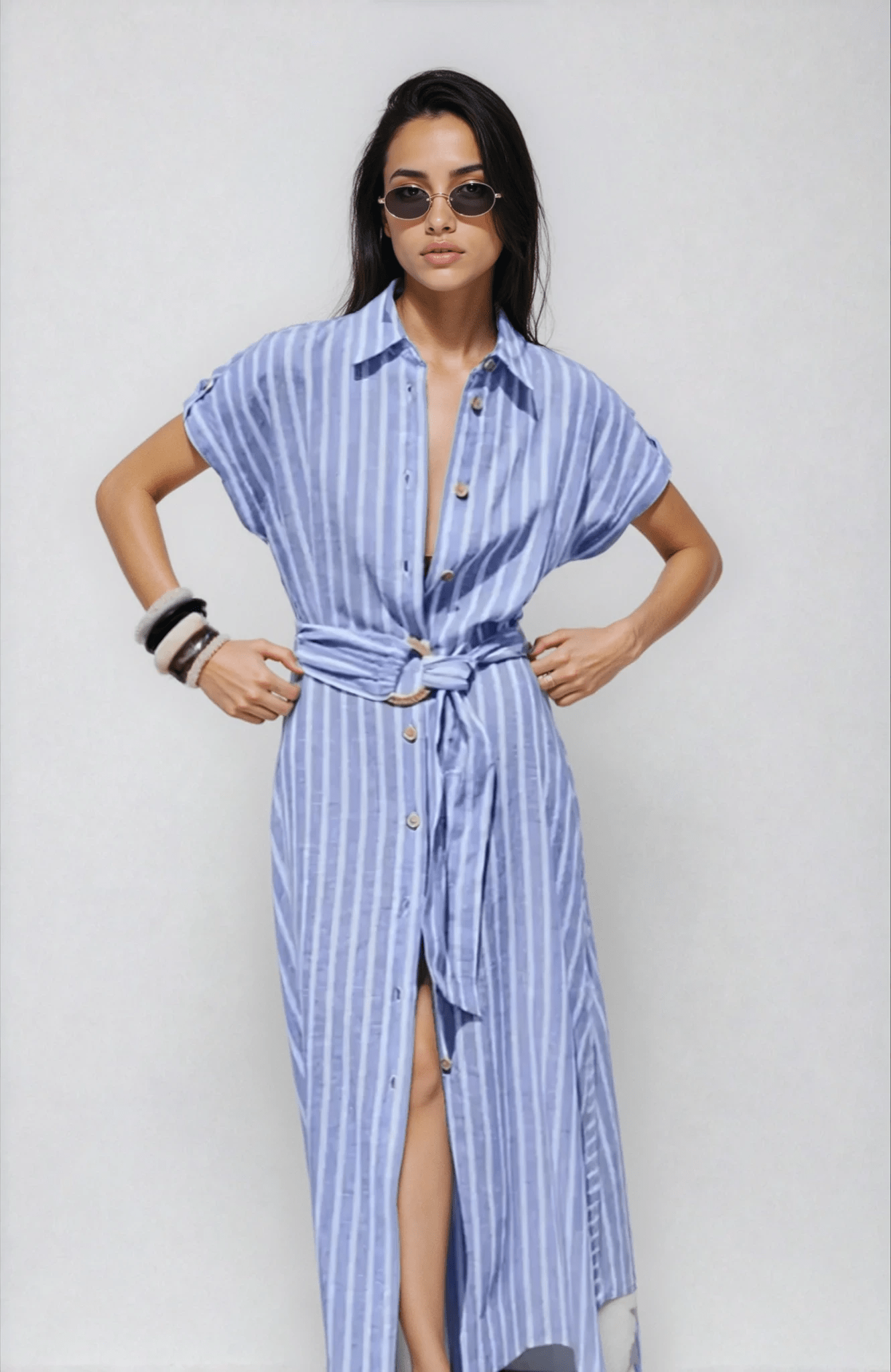Women Maxi Dress Linen Striped Short Sleeve Button Closure