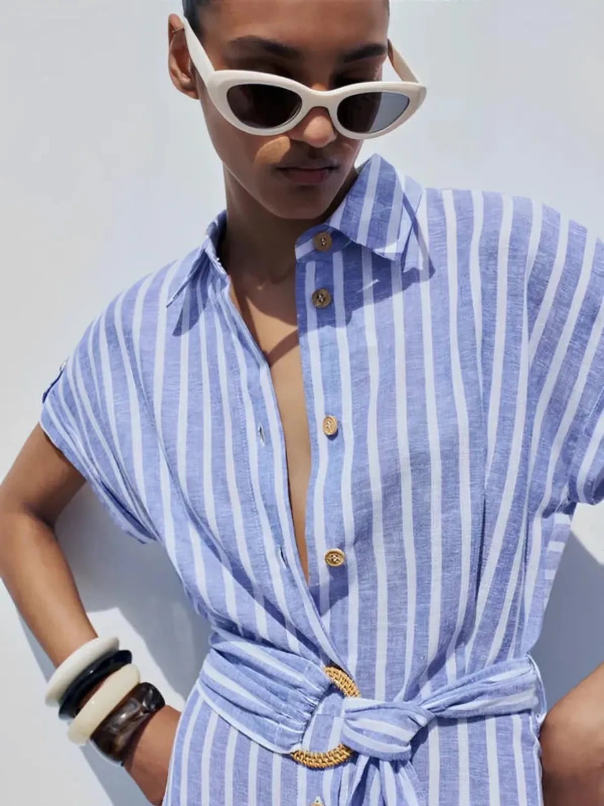 Women Maxi Dress Linen Striped Short Sleeve Button Closure