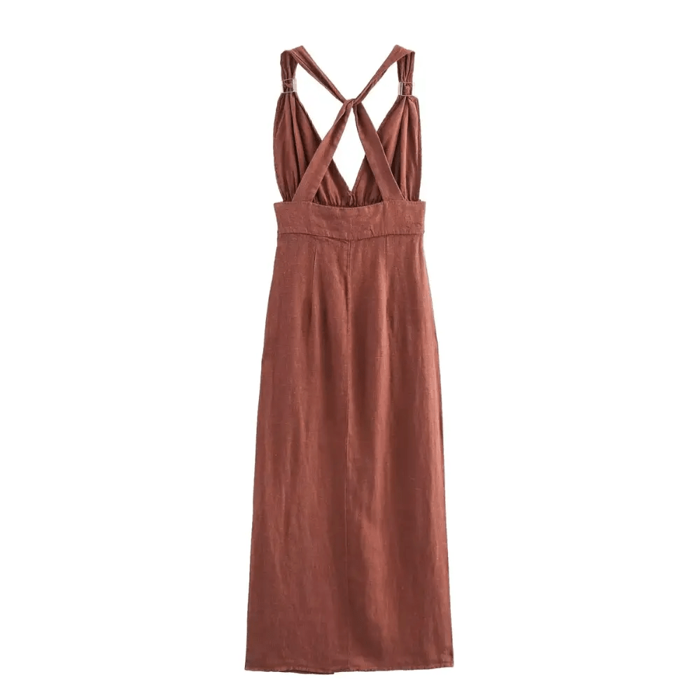 Women Maxi Dress Sleeveless Deep V-Neckline Open Back Design
