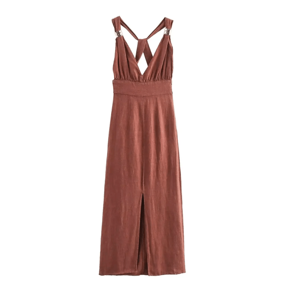 Women Maxi Dress Sleeveless Deep V-Neckline Open Back Design