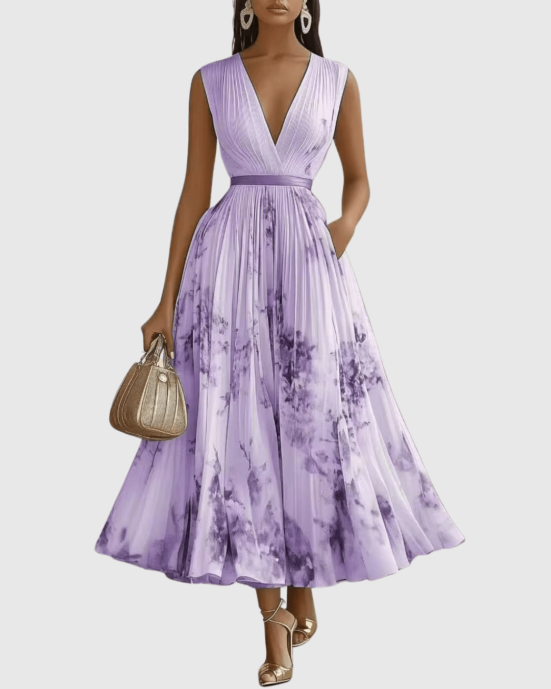 Women Maxi Dress Sleeveless V-Neck Pleated Bodice Fit