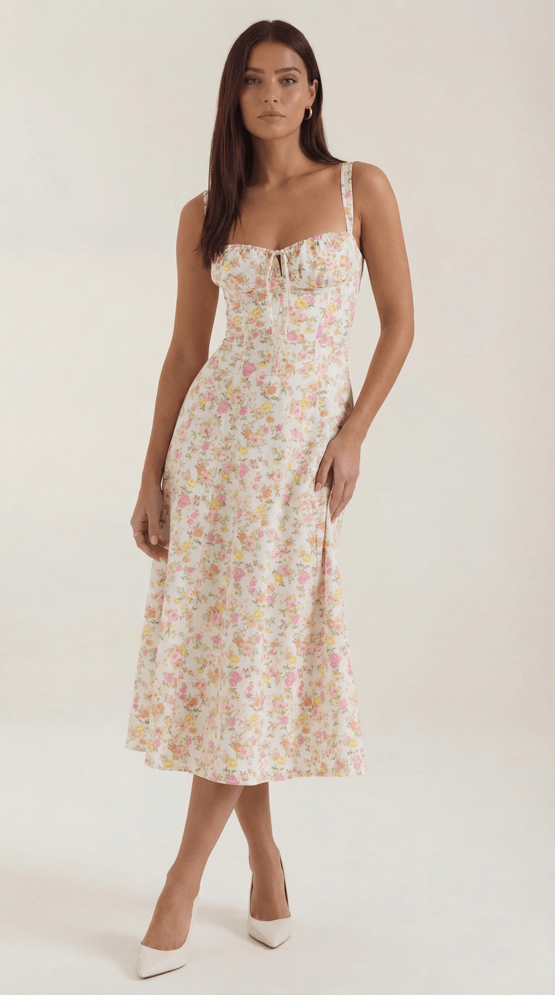 Women Midi Dress Sweetheart Neckline Lace-Up Front Detail