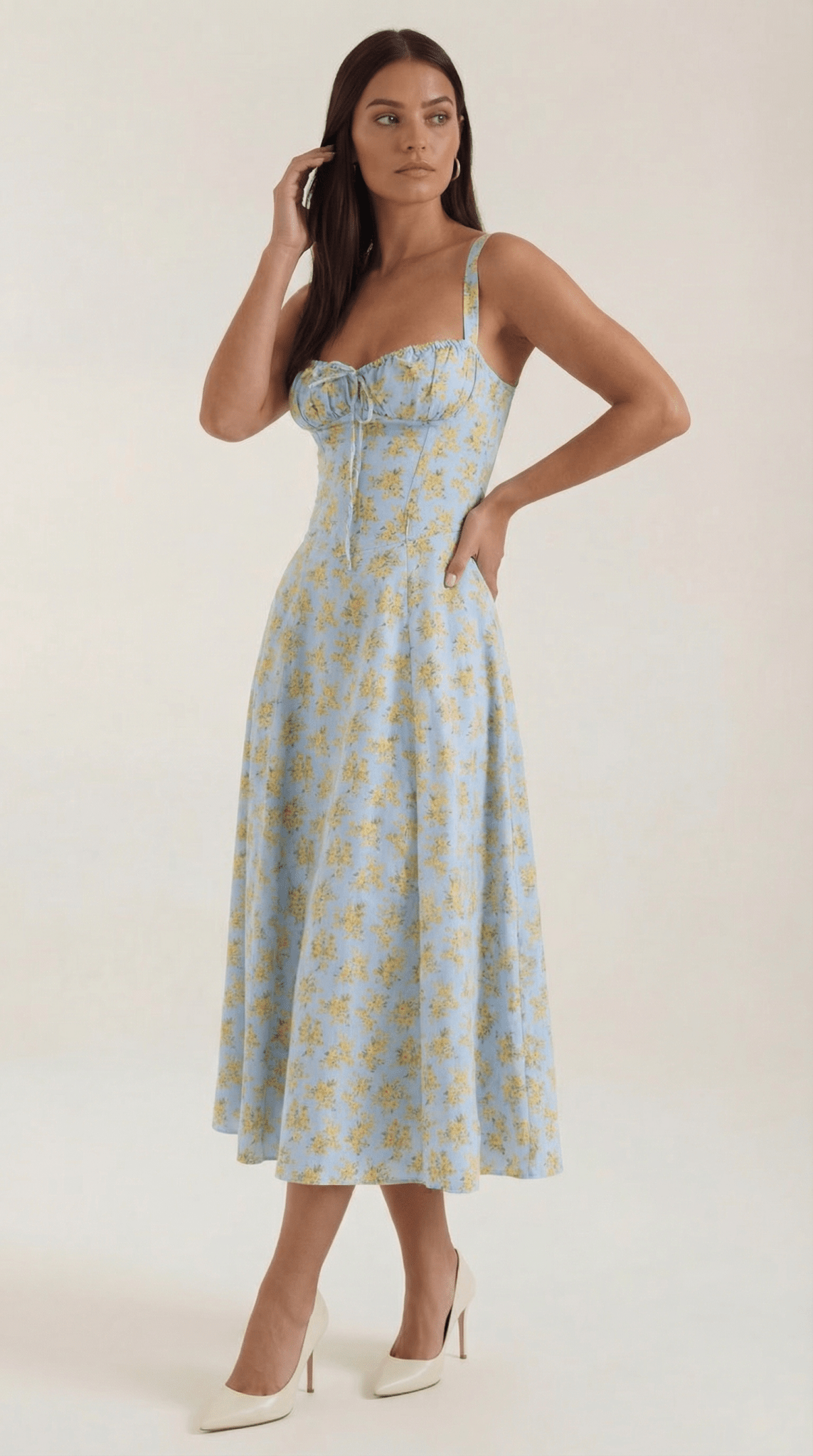 Women Midi Dress Sweetheart Neckline Lace-Up Front Detail