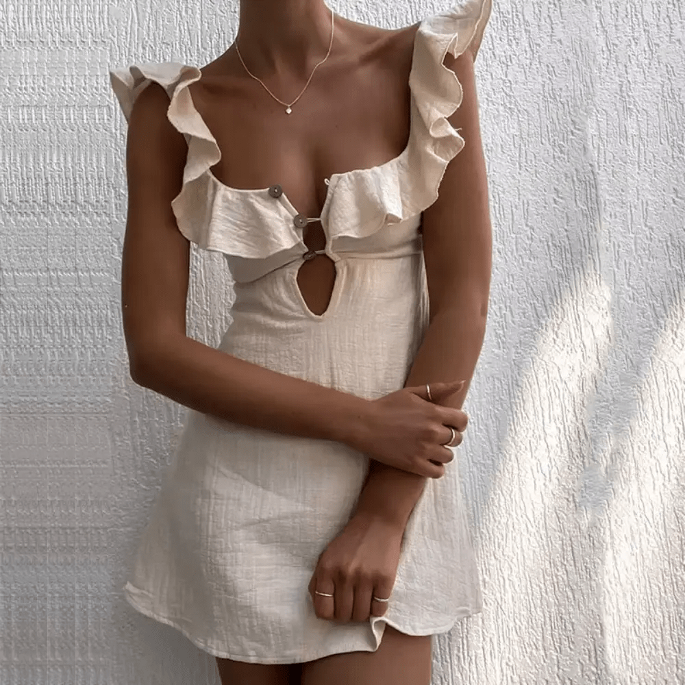 Women Mini Dress Linen V-Neck Spaghetti Straps Above Knee