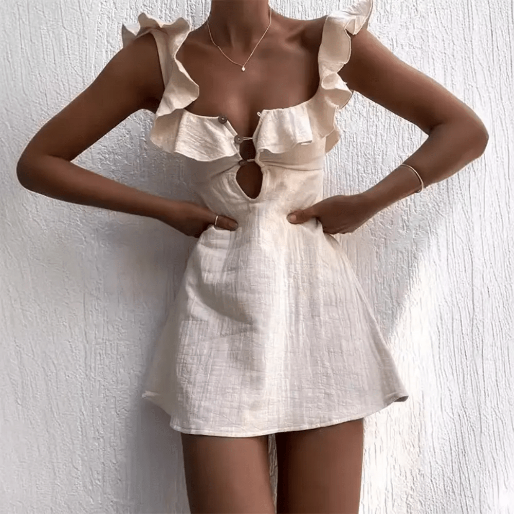 Women Mini Dress Linen V-Neck Spaghetti Straps Above Knee