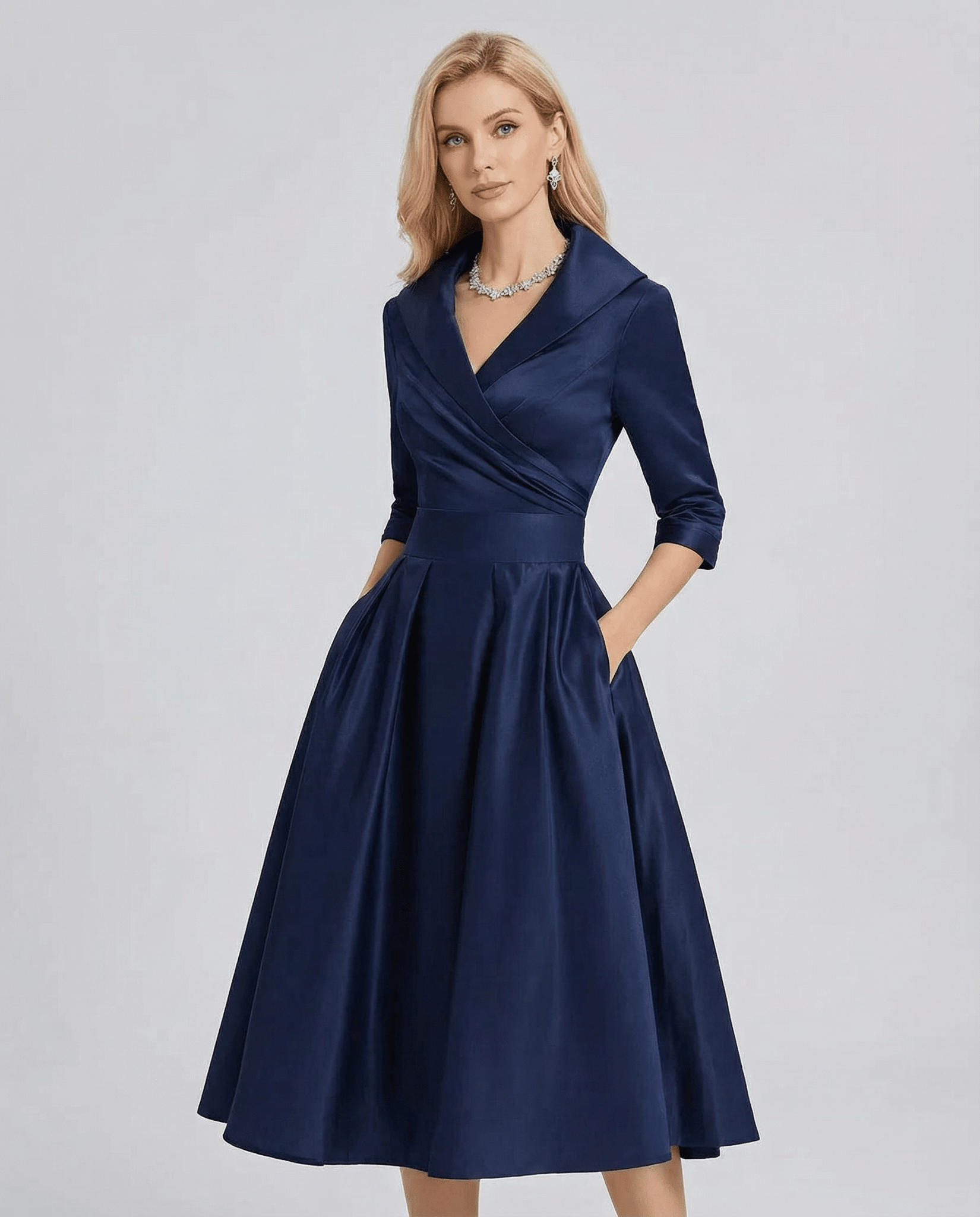 Women's A-Line Dress — Lapel Neckline Cross Pleated Waist