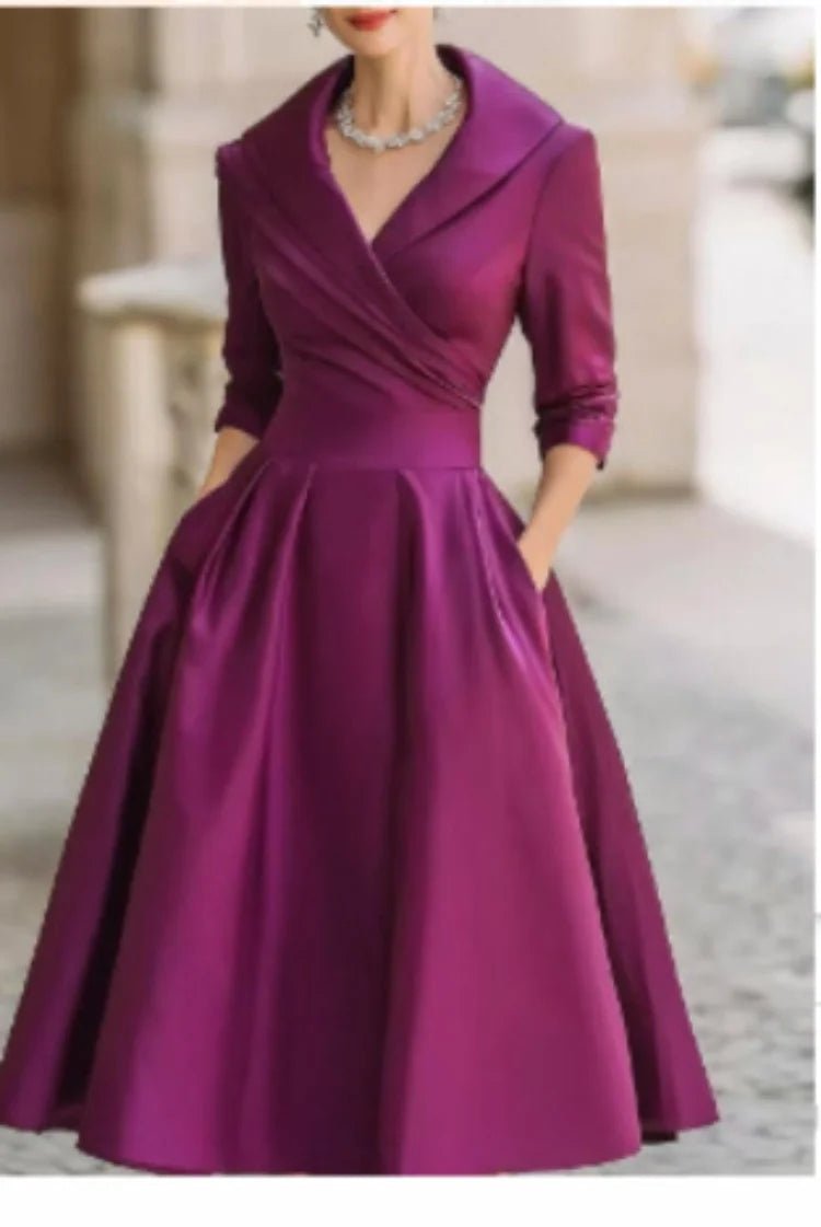 Women's A-Line Dress — Lapel Neckline Cross Pleated Waist