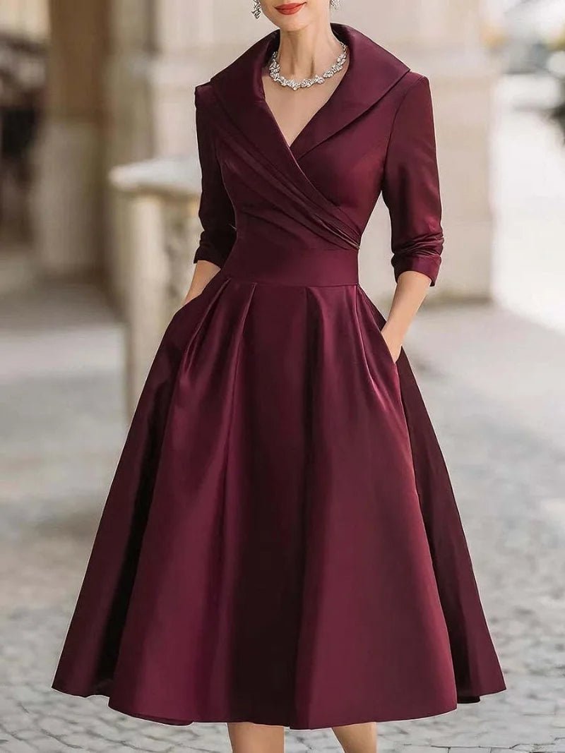 Women's A-Line Dress — Lapel Neckline Cross Pleated Waist