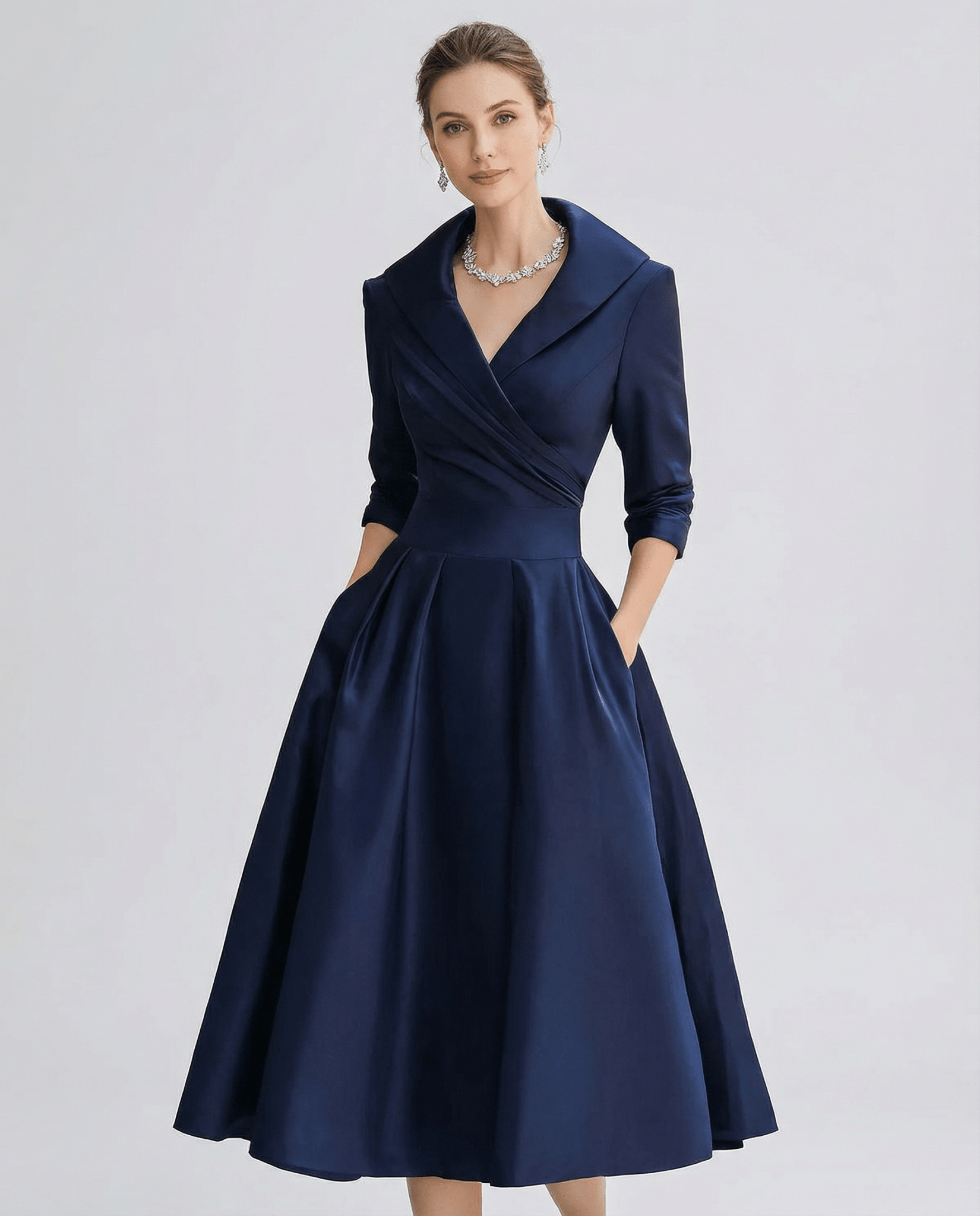 Women's A-Line Dress — Lapel Neckline Cross Pleated Waist