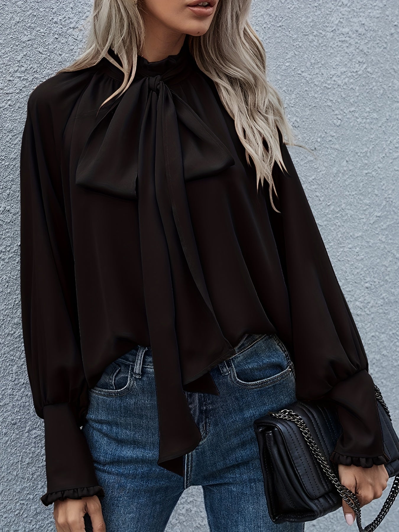 Women's Blouse — Long Sleeve Tie Neck Gathered Sleeves