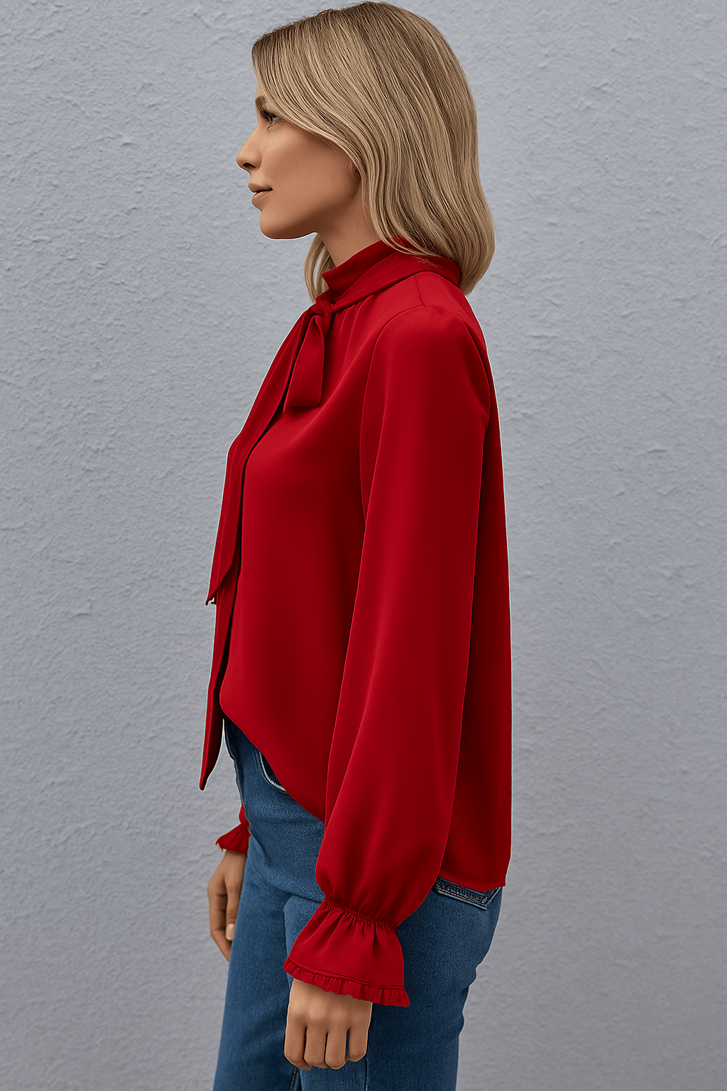 Women's Blouse — Long Sleeve Tie Neck Gathered Sleeves