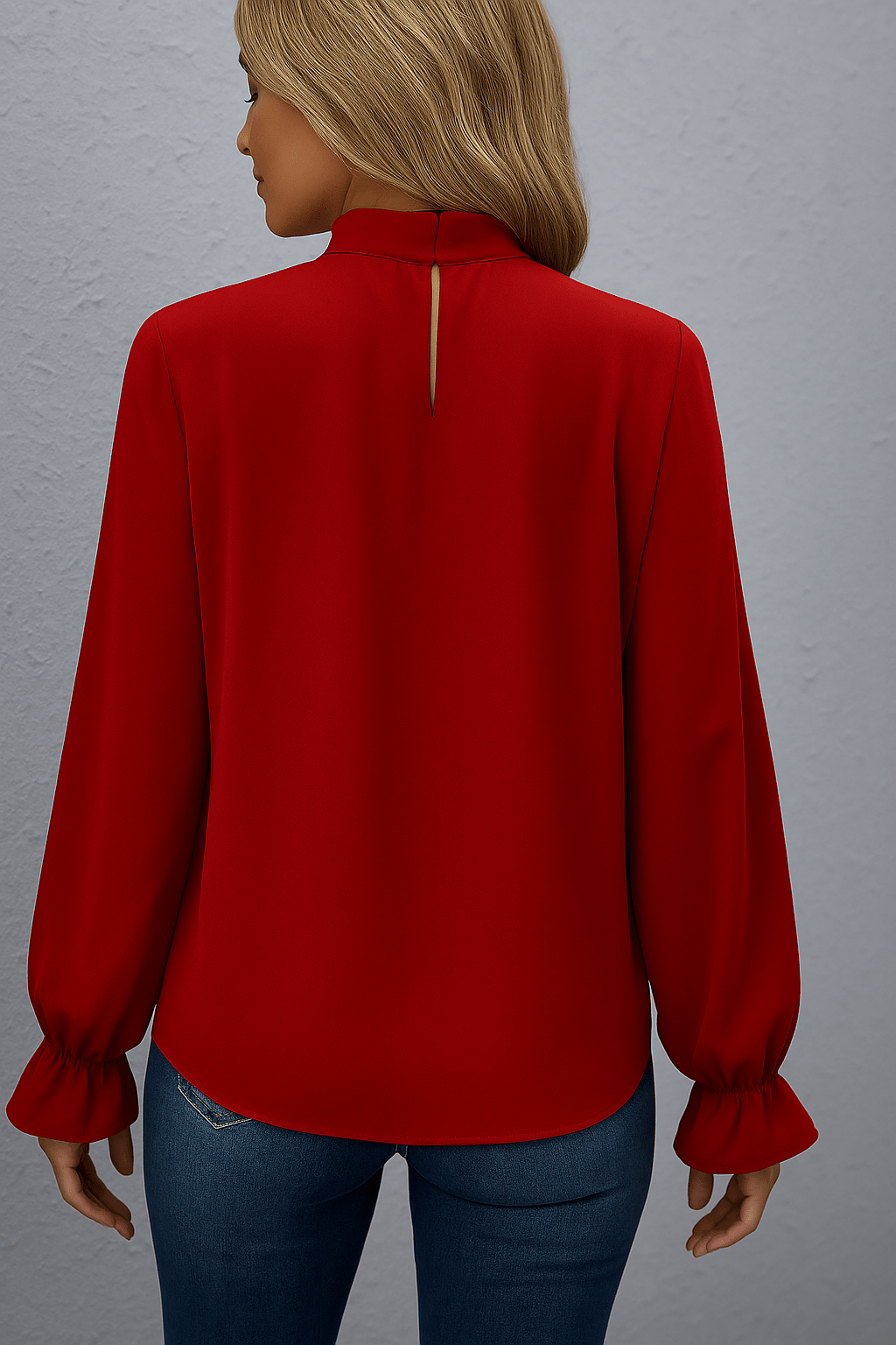 Women's Blouse — Long Sleeve Tie Neck Gathered Sleeves