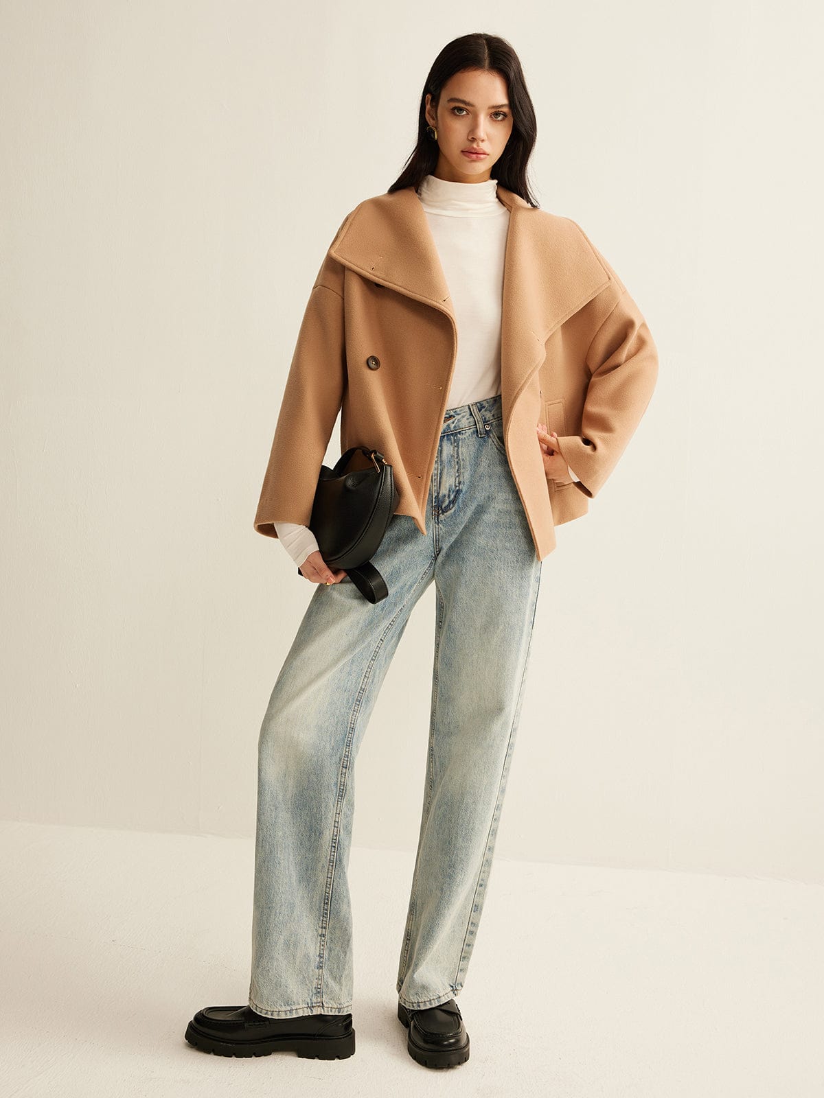 Women's Coat — Cropped Length Loose Fit Double Button Closure