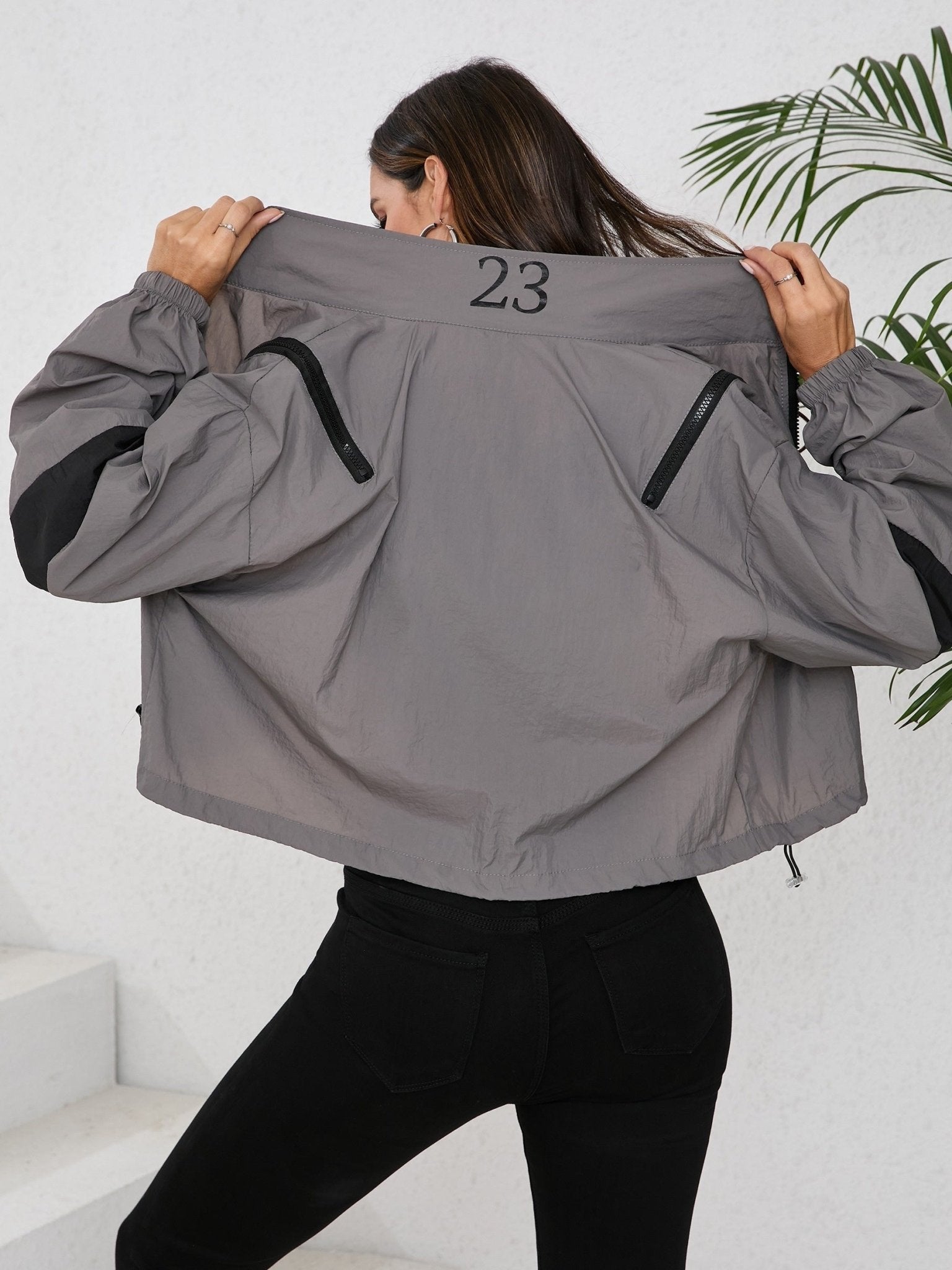 Women's Cropped Jacket Women's Cropped Windbreaker Jacket — Striped Front Zipper Design— Loose Fit Front Button Closure