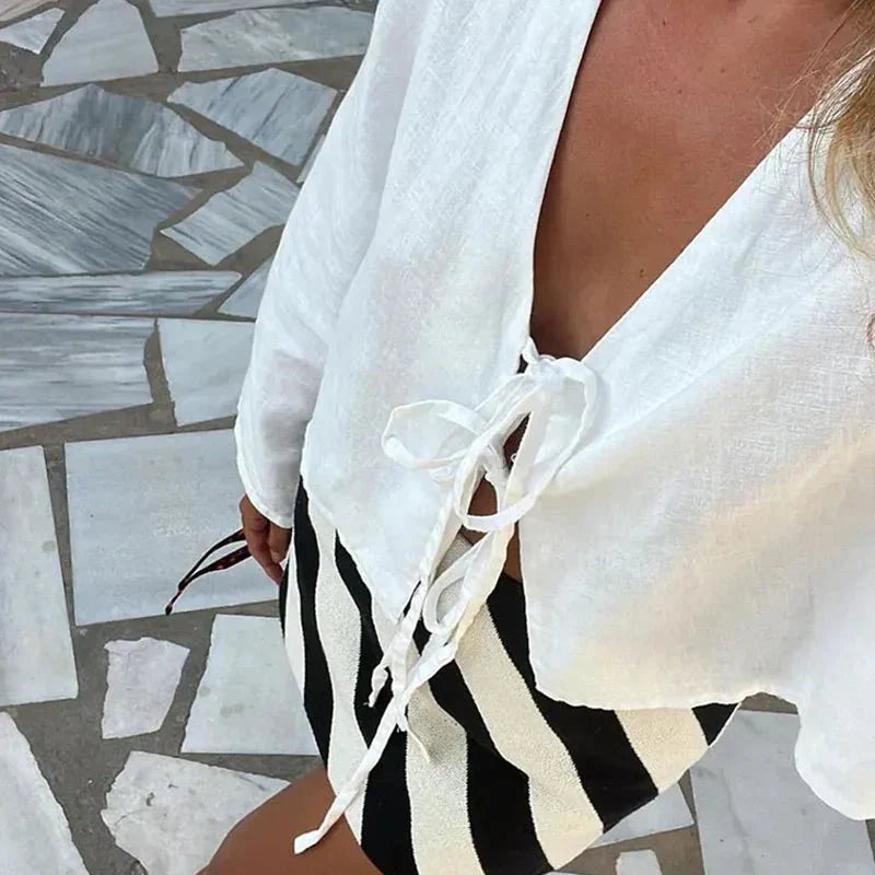Women's Cropped Top — Tie Front Closure Billowy Sleeves