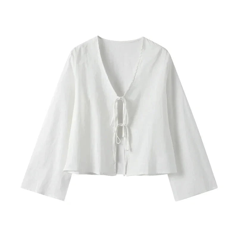 Women's Cropped Top — Tie Front Closure Billowy Sleeves