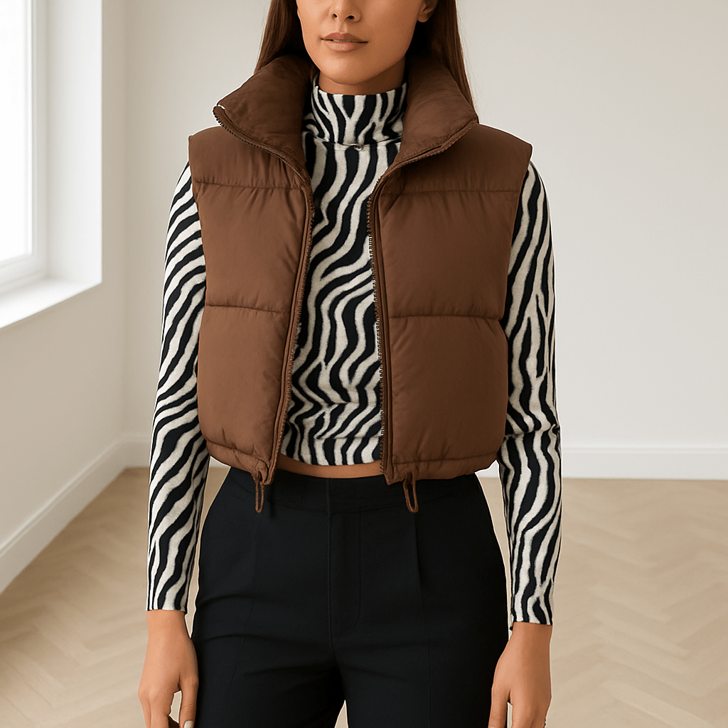 Women's Cropped Vest — Sleeveless High Collar Zipper Puffer