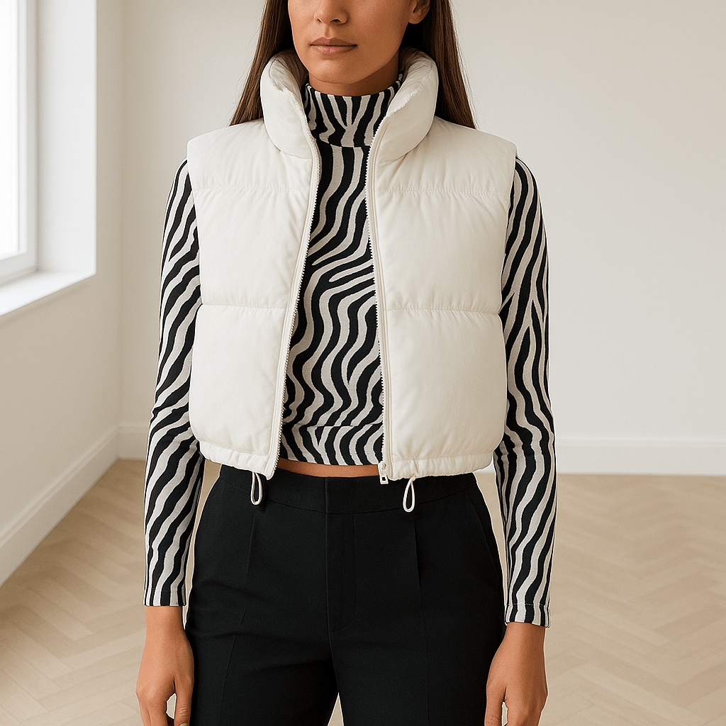 Women's Cropped Vest — Sleeveless High Collar Zipper Puffer