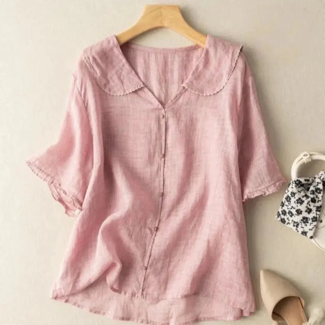 Women's Linen Blouse - Relaxed Fit V-Neck Wavy Hem Detail