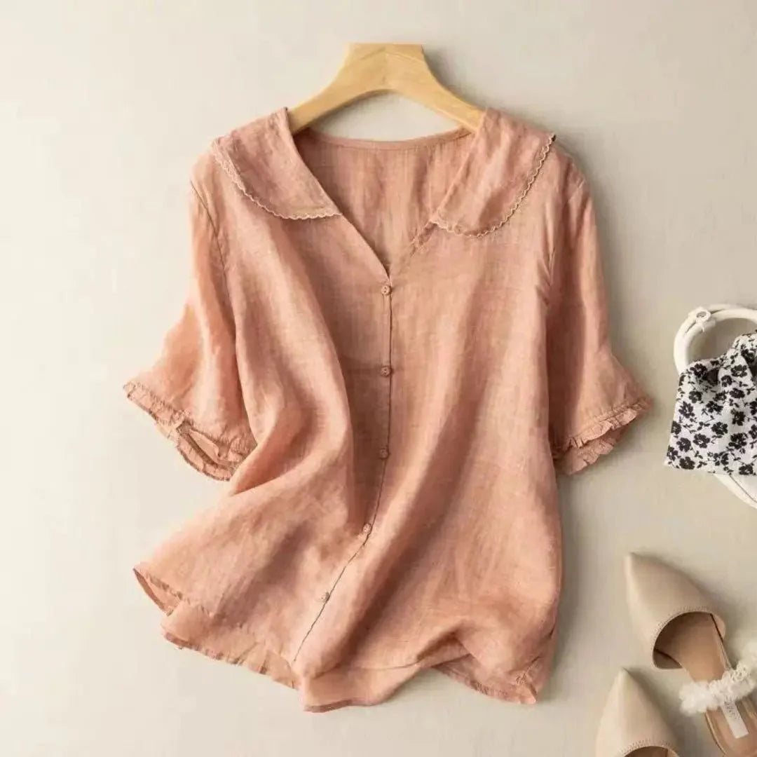 Women's Linen Blouse - Relaxed Fit V-Neck Wavy Hem Detail