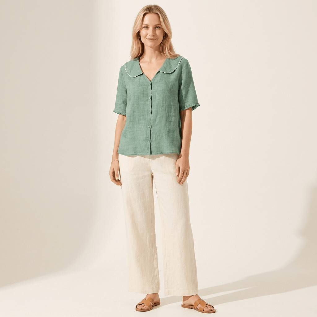 Women's Linen Blouse - Relaxed Fit V-Neck Wavy Hem Detail