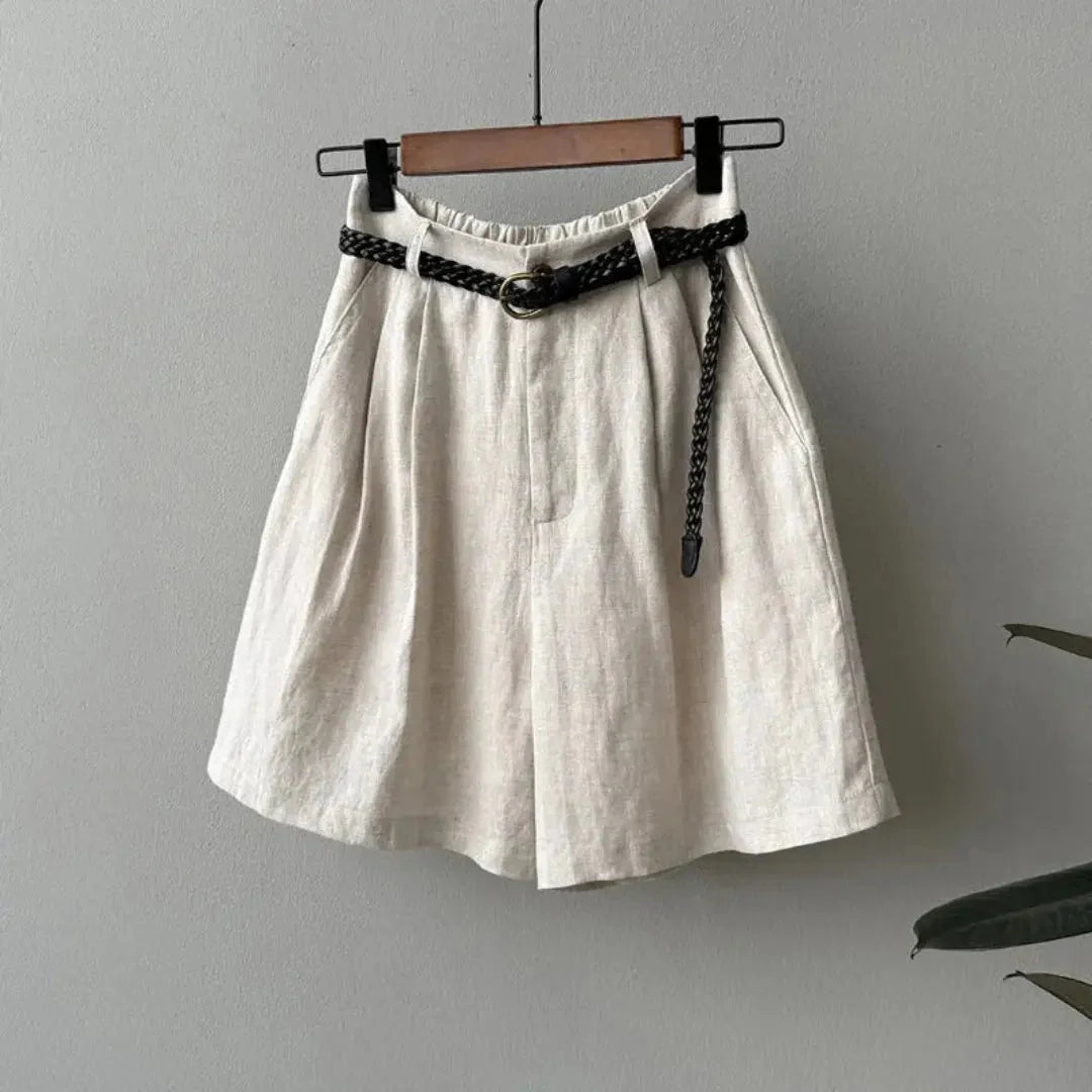 Women's Linen High Waist Pleated Shorts - Elastic Waistband