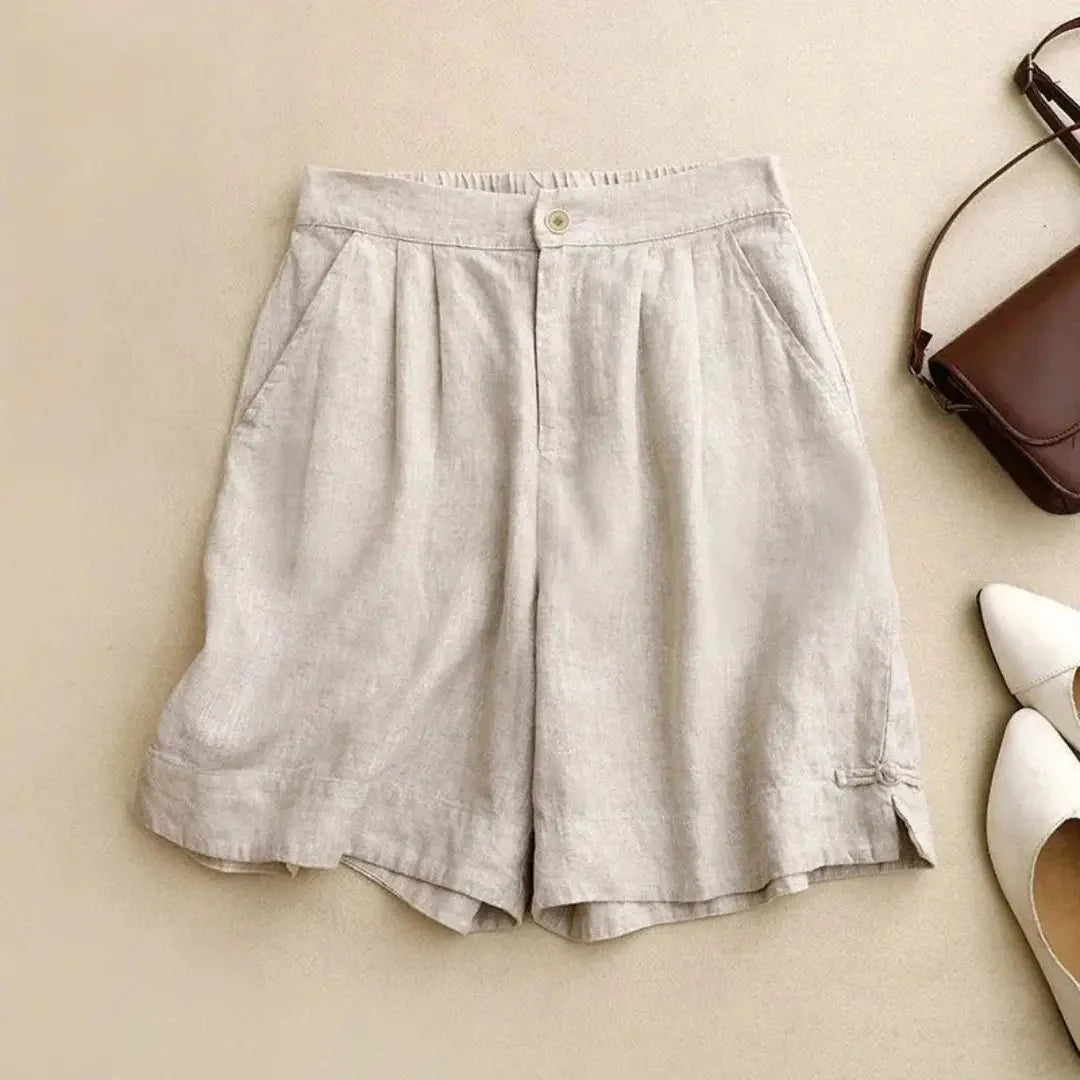 Women's Linen High Waist Shorts - Loose Fit Button Closure
