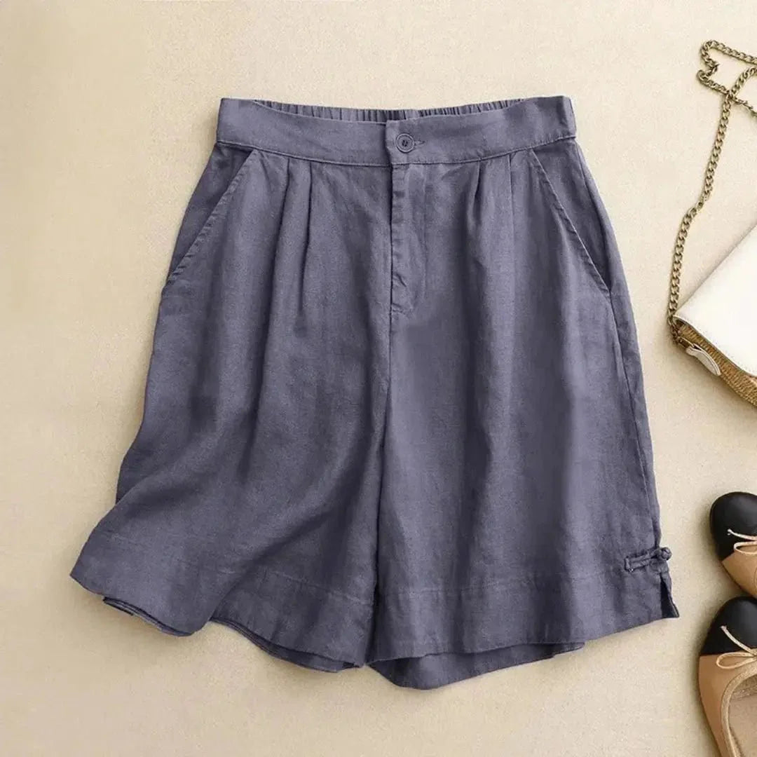 Women's Linen High Waist Shorts - Loose Fit Button Closure