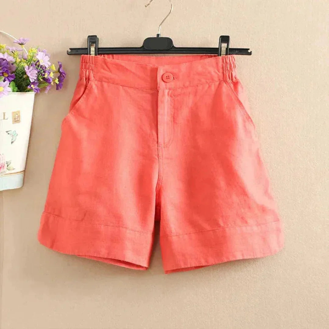 Women's Linen Loose Fit Shorts - Mid Length Button Closure