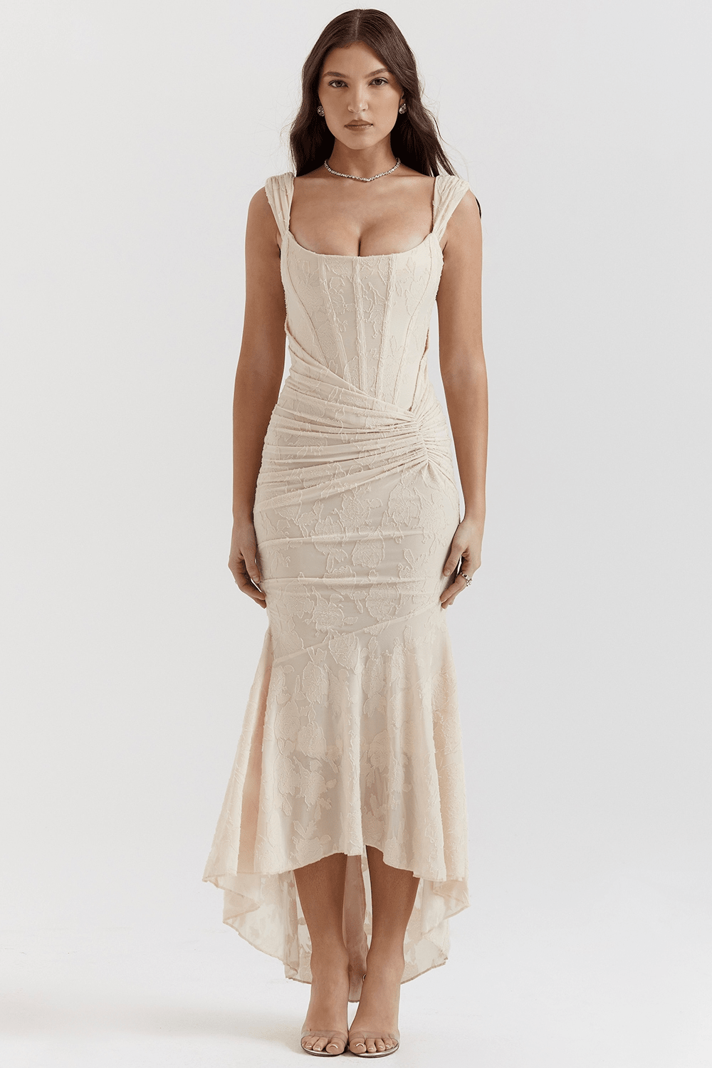 Women's Maxi Dress — Fitted Bodice Ruched Waist High-Low Hem