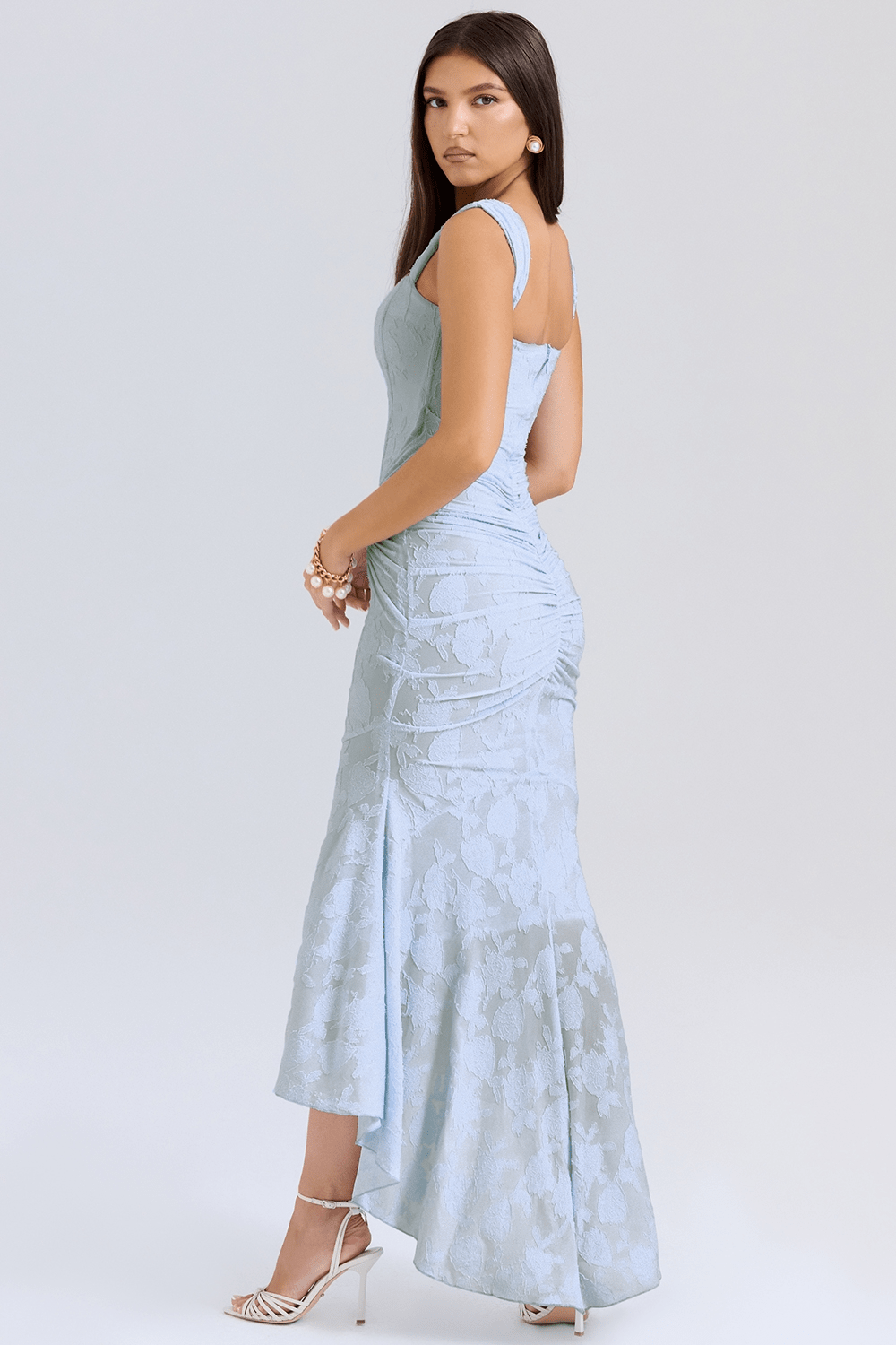 Women's Maxi Dress — Fitted Bodice Ruched Waist High-Low Hem
