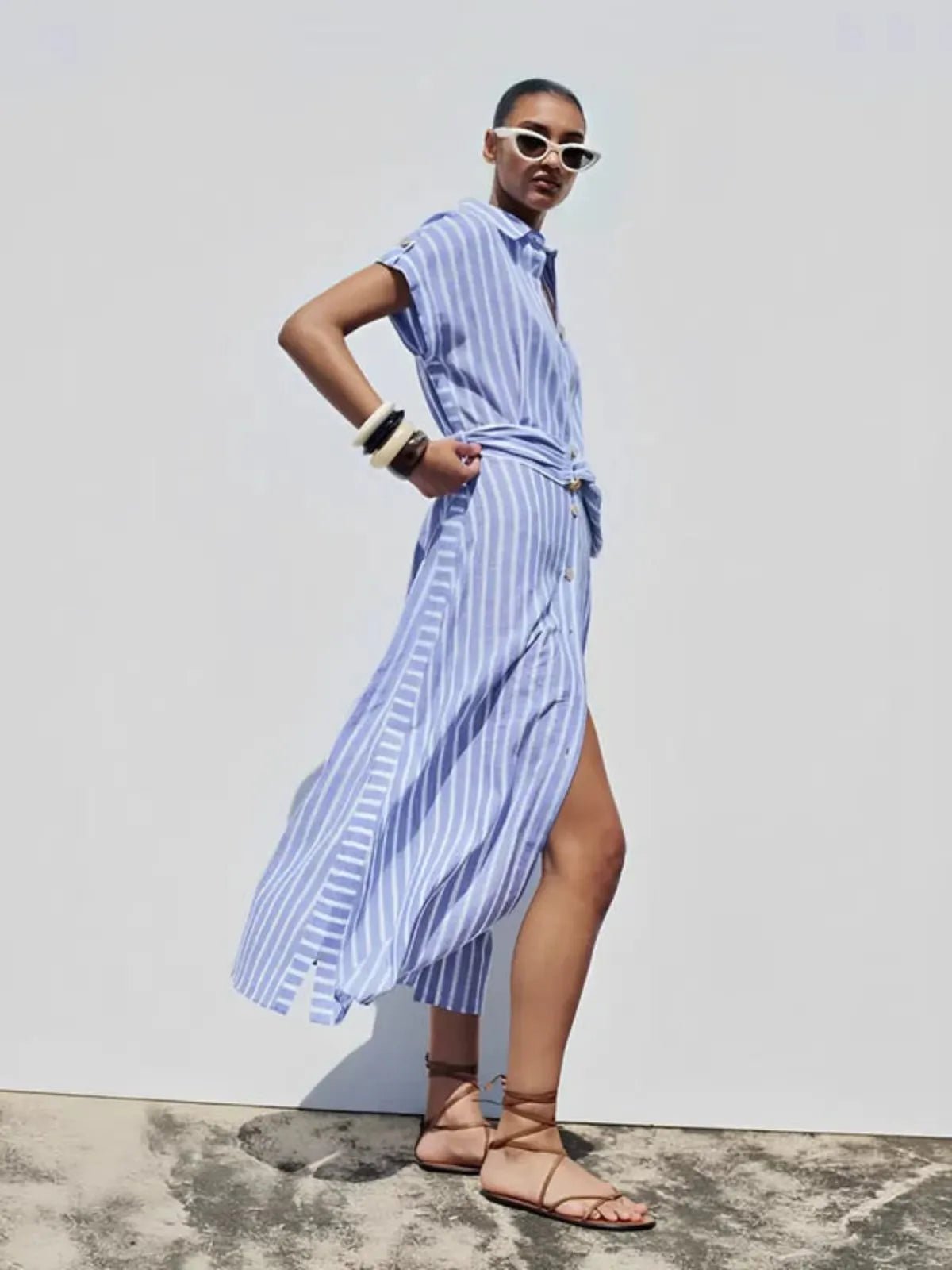 Women's Maxi Dress — Striped Short Sleeve Button-Front Tie Waist
