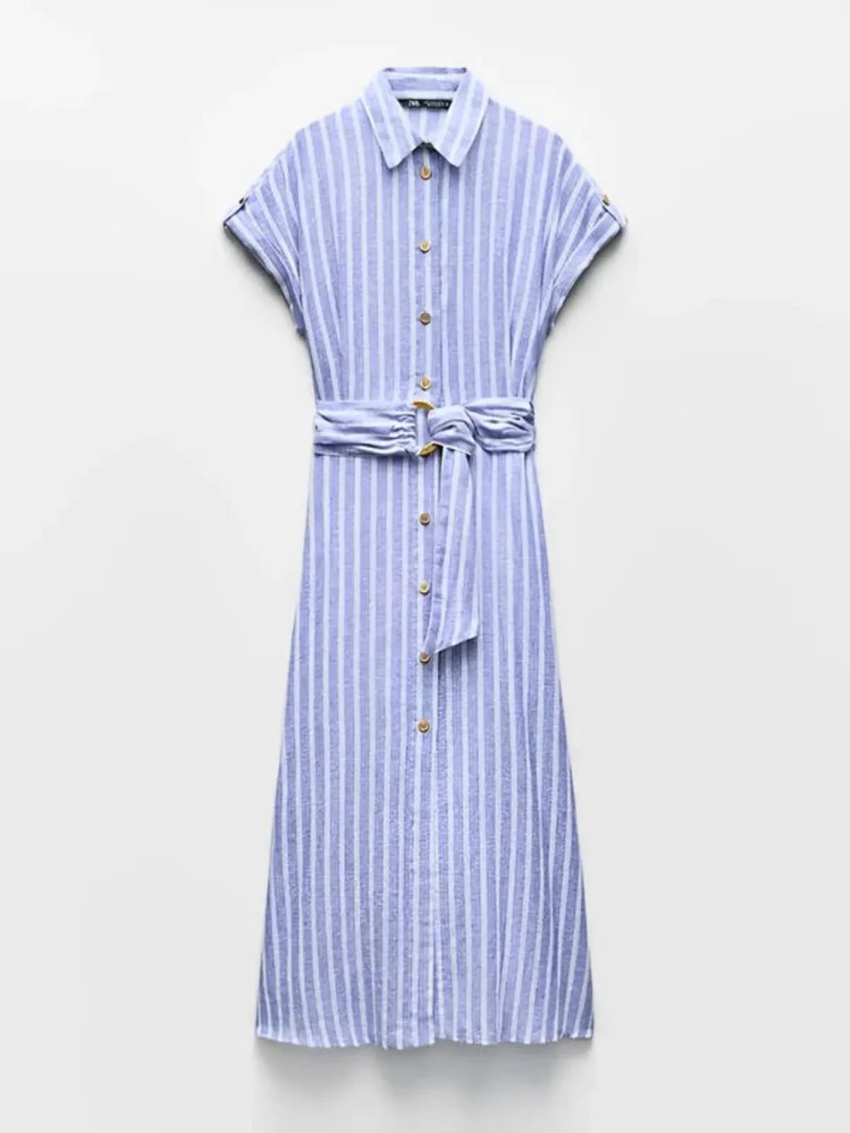 Women's Maxi Dress — Striped Short Sleeve Button-Front Tie Waist