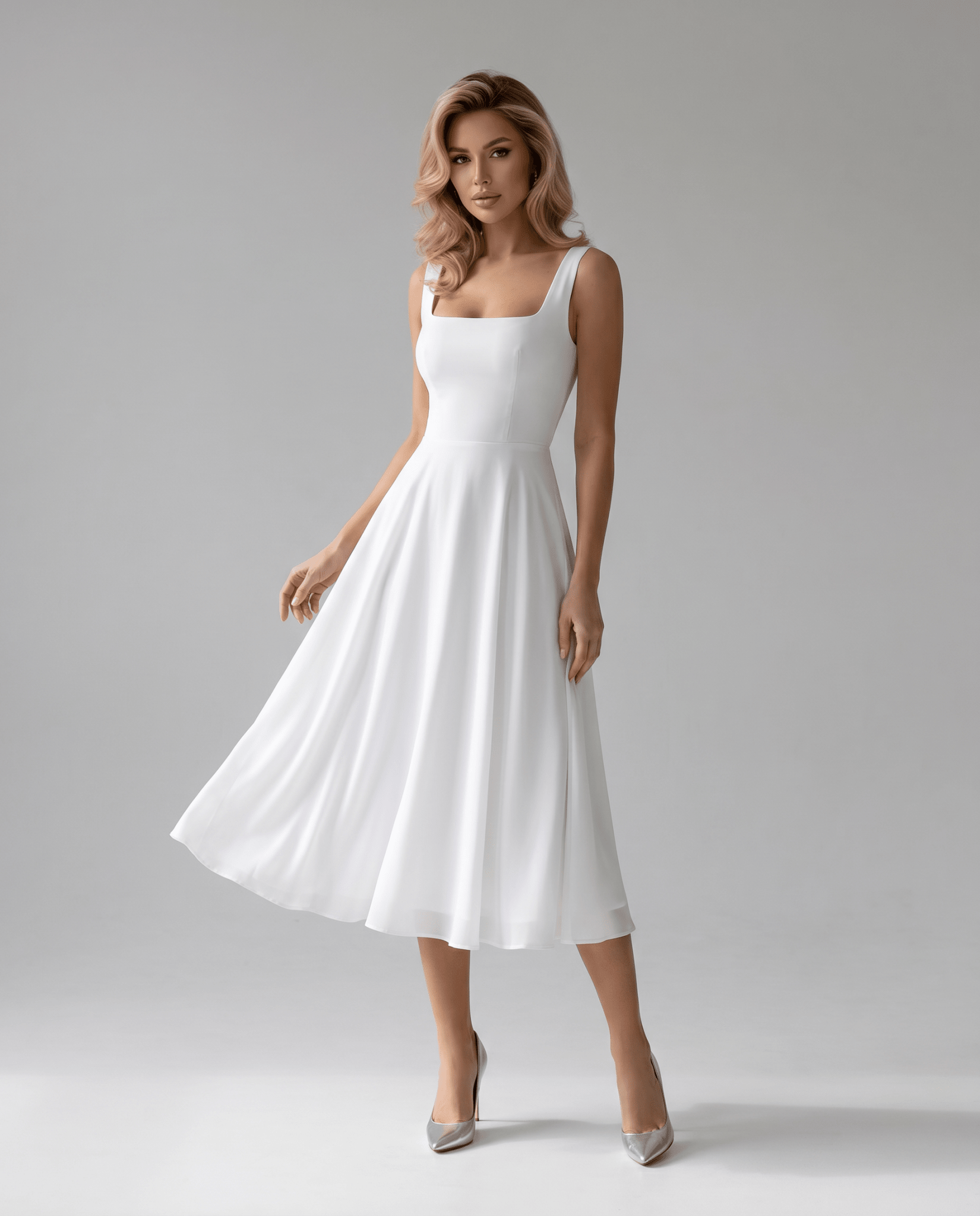 Women's Midi Dress — A-Line Fit Square Neckline Structured Bodice