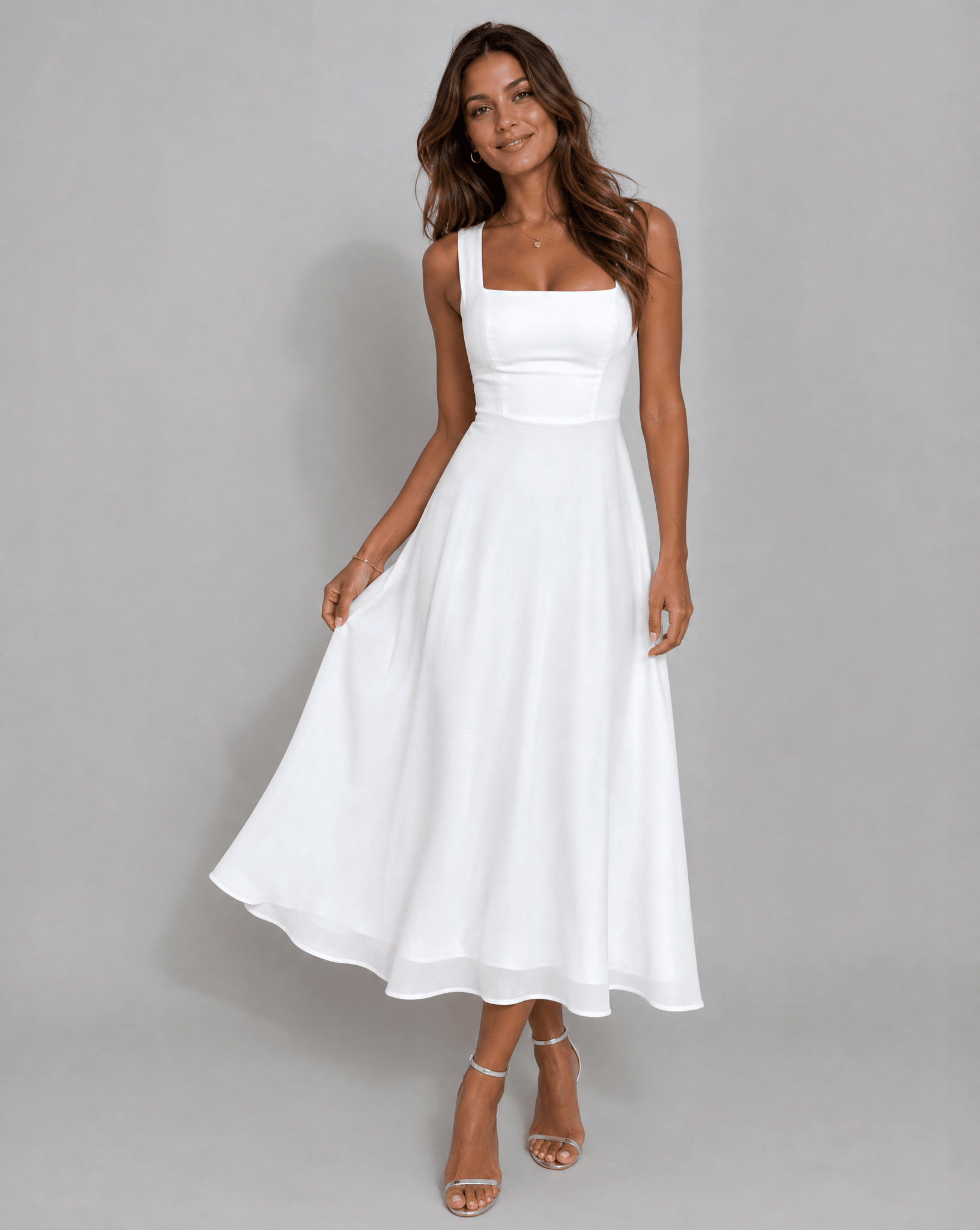 Women's Midi Dress — A-Line Structure Square Neckline Sleeveless