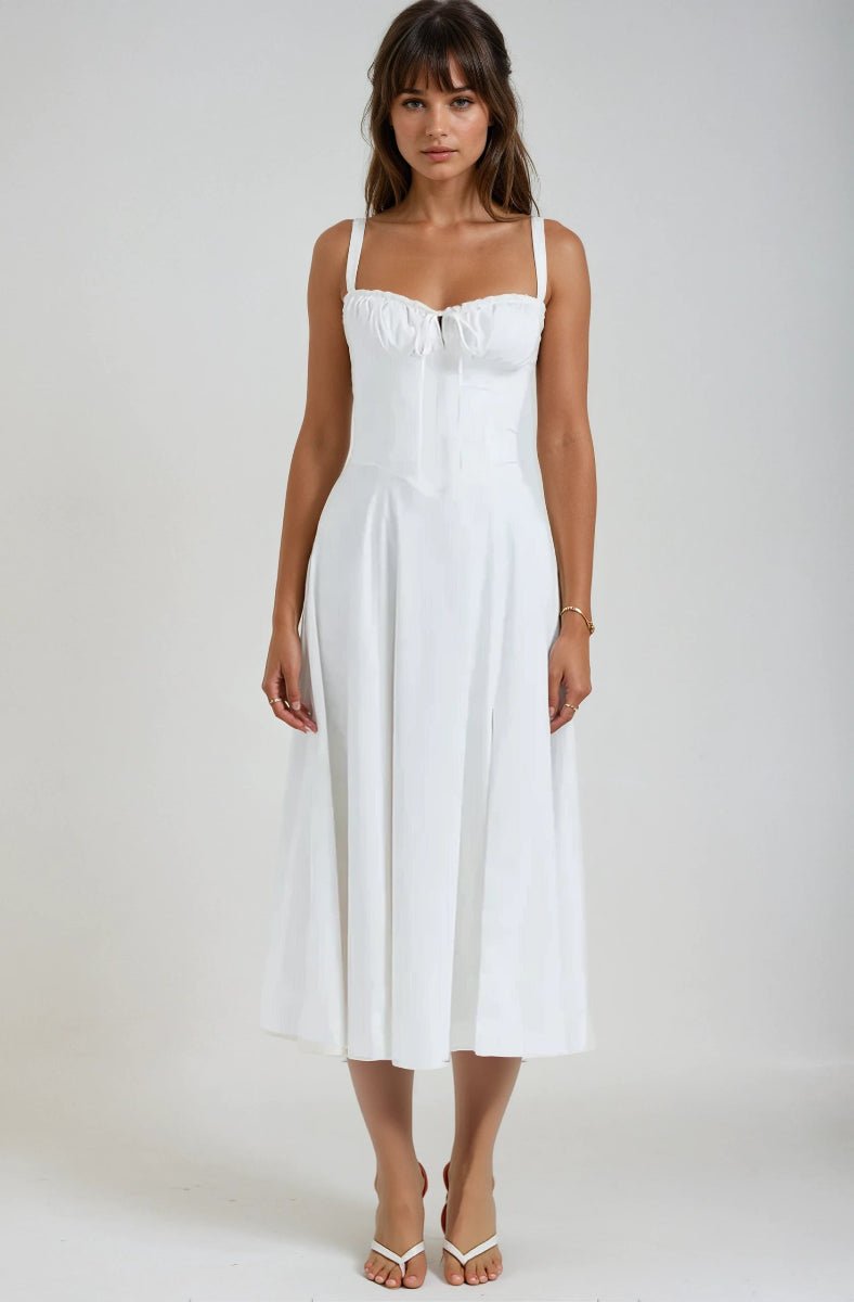 Women's Midi Dress — Corset Bodice Flared Skirt Structure