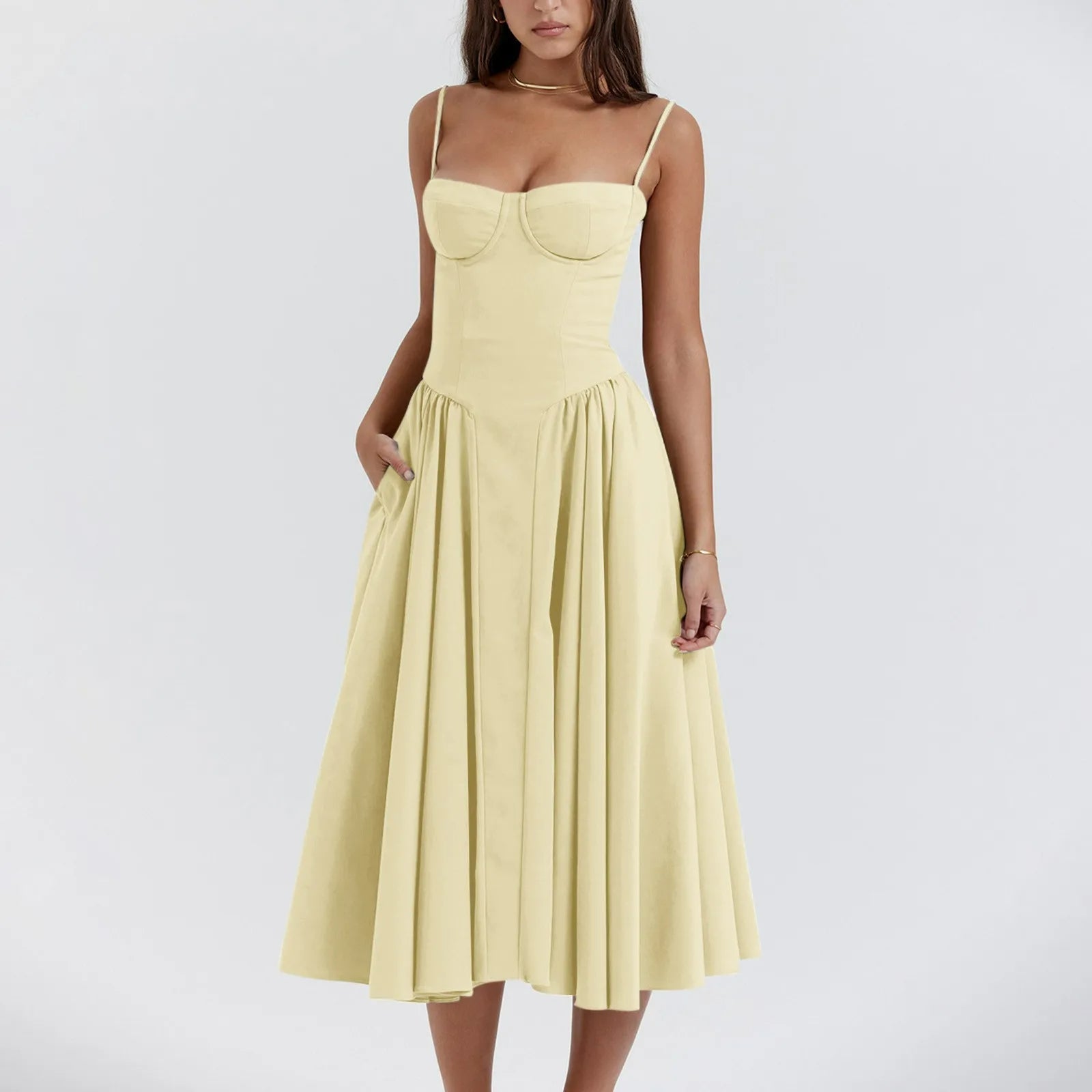 Women's Midi Dress — Corset Bodice Pleated Gathered Skirt