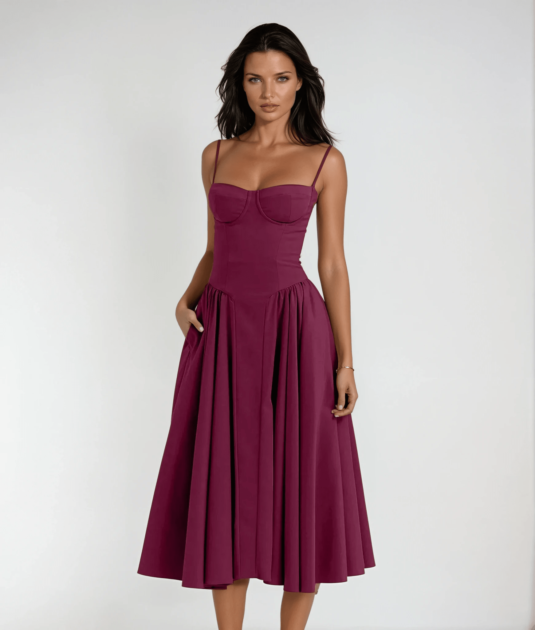Women's Midi Dress — Corset Bodice Pleated Gathered Skirt