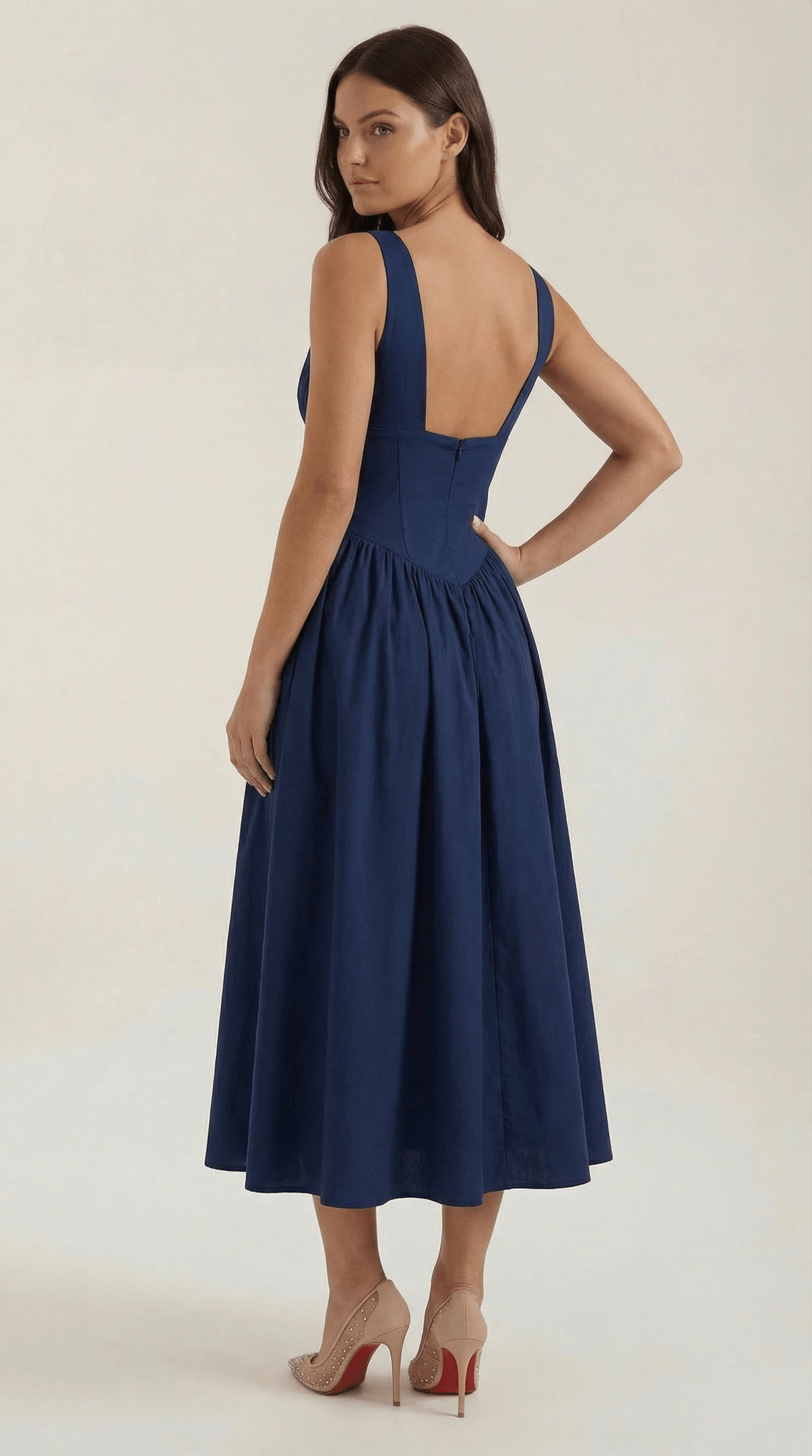 Women's Midi Dress - Fitted Bodice & V-Neckline