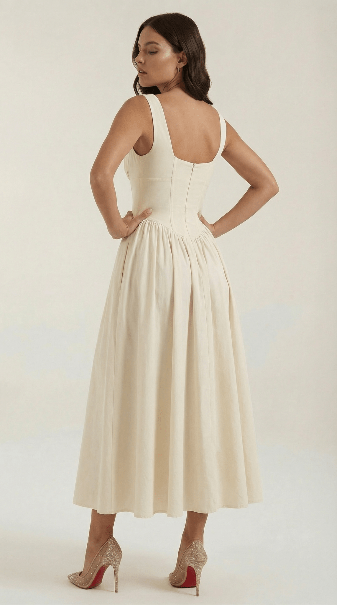 Women's Midi Dress - Fitted Bodice & V-Neckline