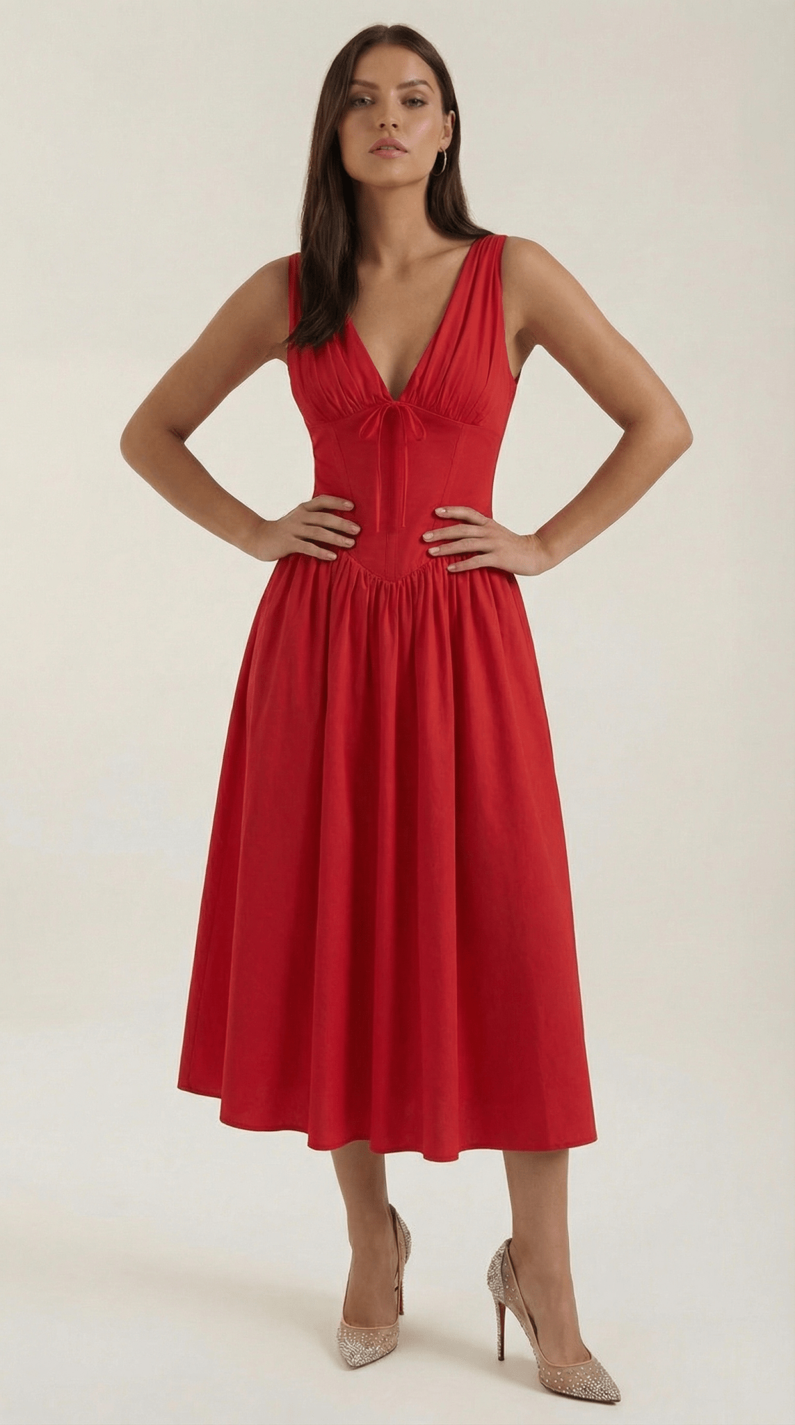 Women's Midi Dress - Fitted Bodice & V-Neckline