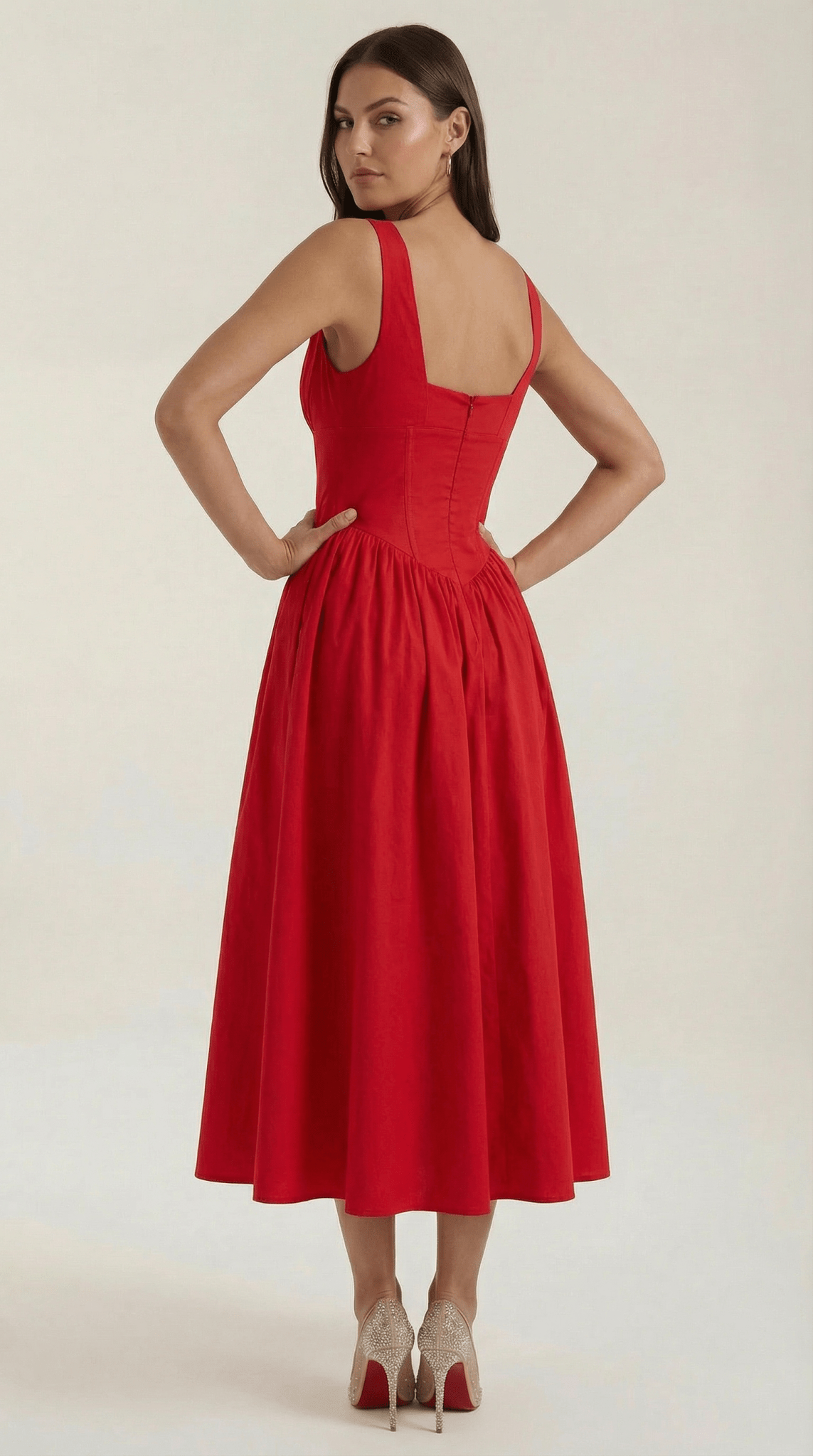 Women's Midi Dress - Fitted Bodice & V-Neckline