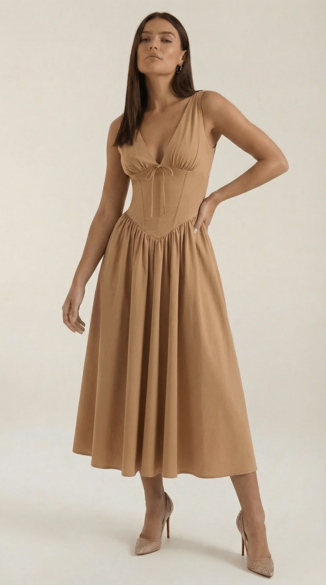 Women's Midi Dress - Fitted Bodice & V-Neckline
