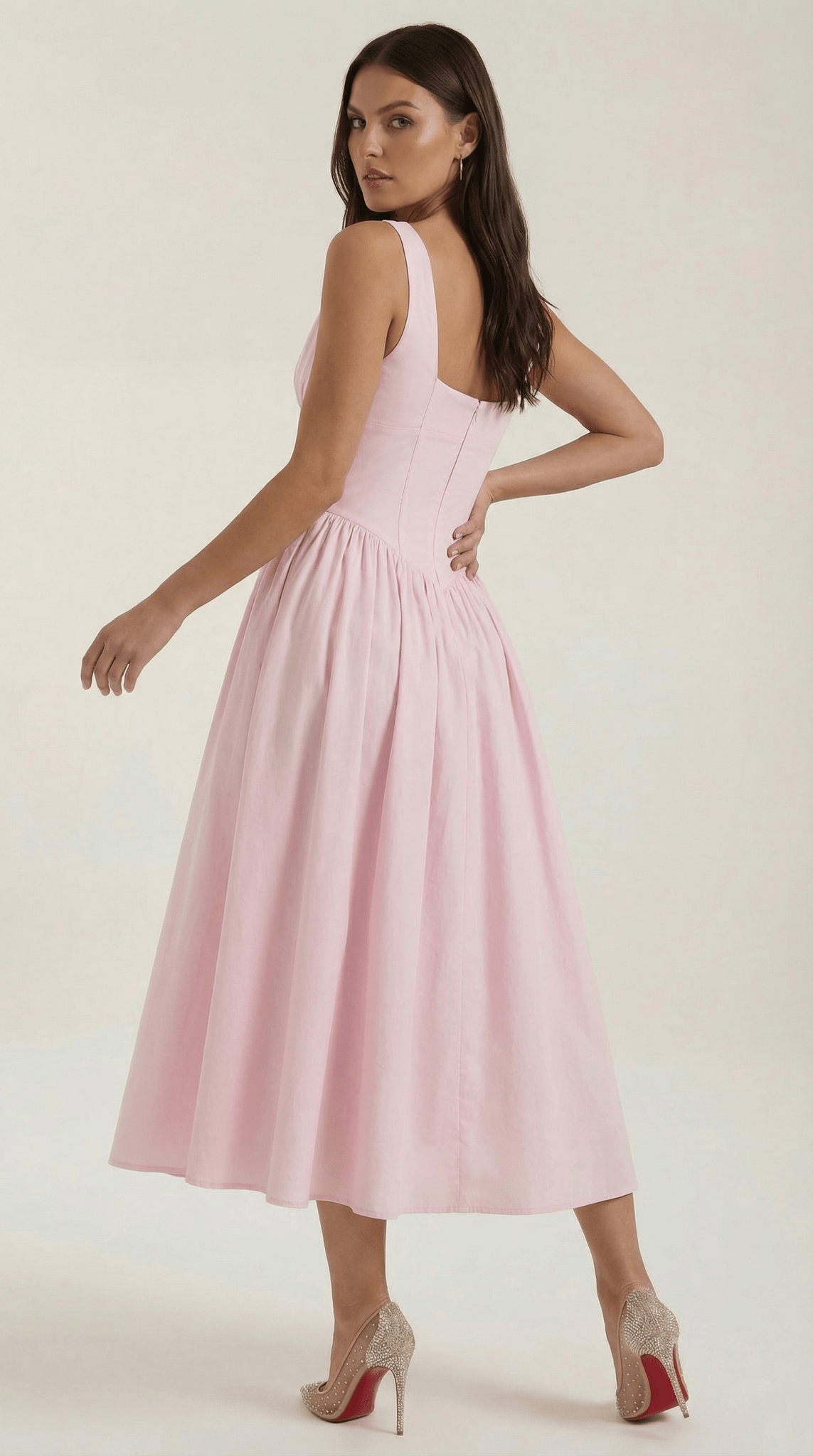 Women's Midi Dress - Fitted Bodice & V-Neckline
