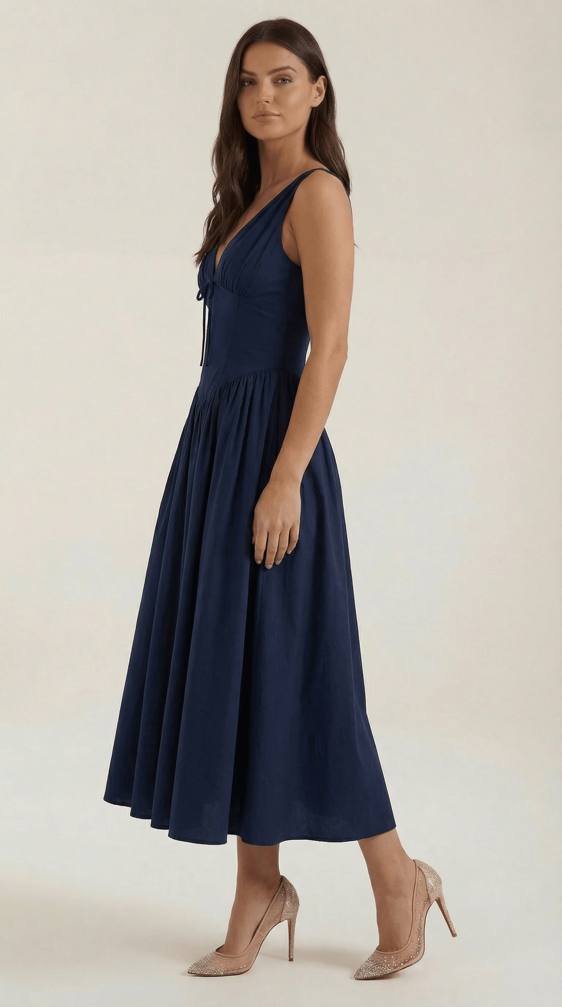 Women's Midi Dress - Fitted Bodice & V-Neckline