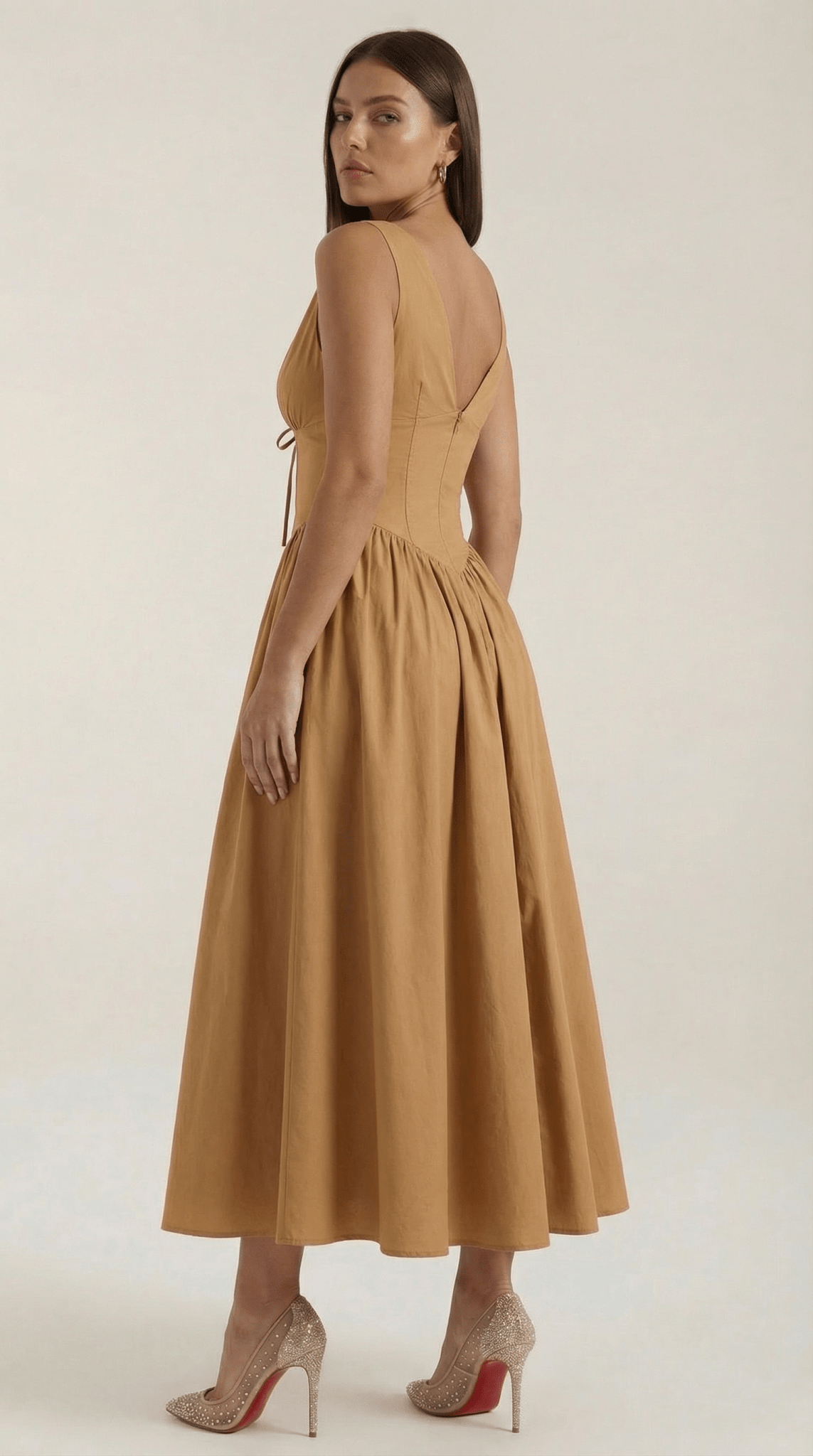 Women's Midi Dress - Fitted Bodice & V-Neckline